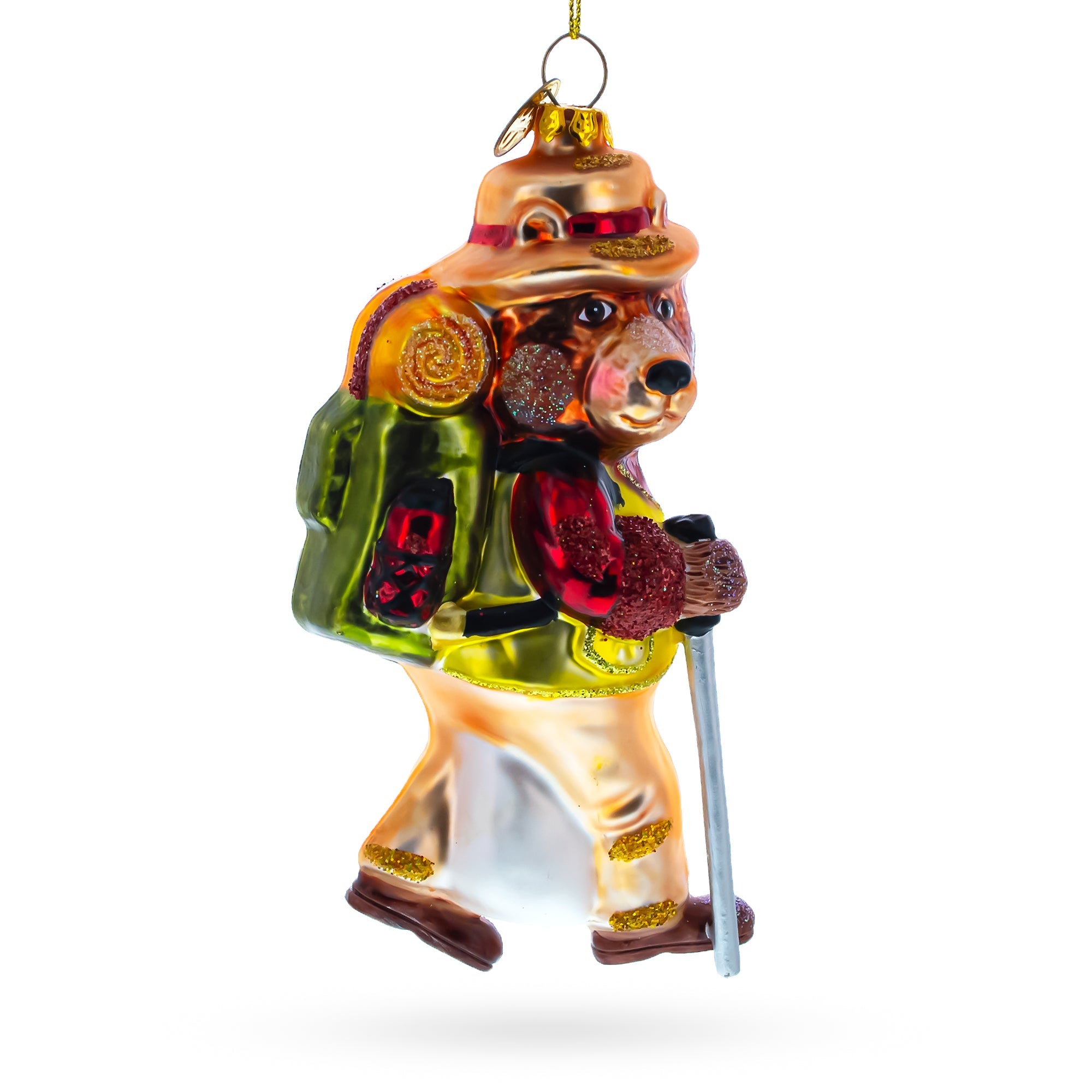 Adventurous Bear Hiker - Blown Glass Christmas Ornament