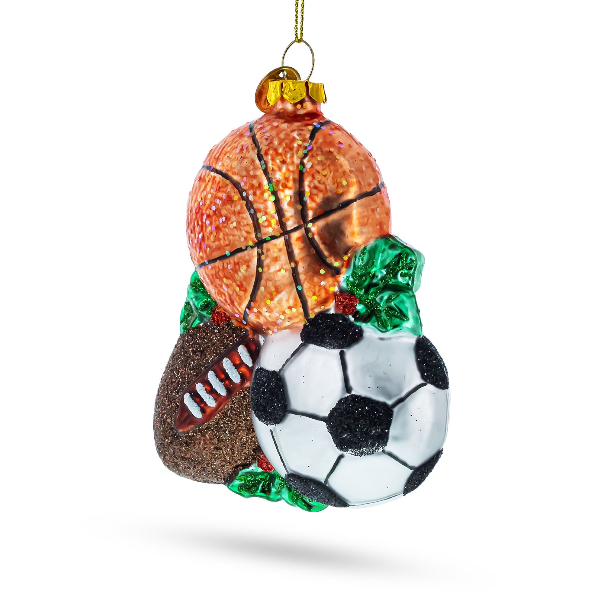 Sporty Football, Basketball, And Soccer Balls - Blown Glass Christmas Ornament