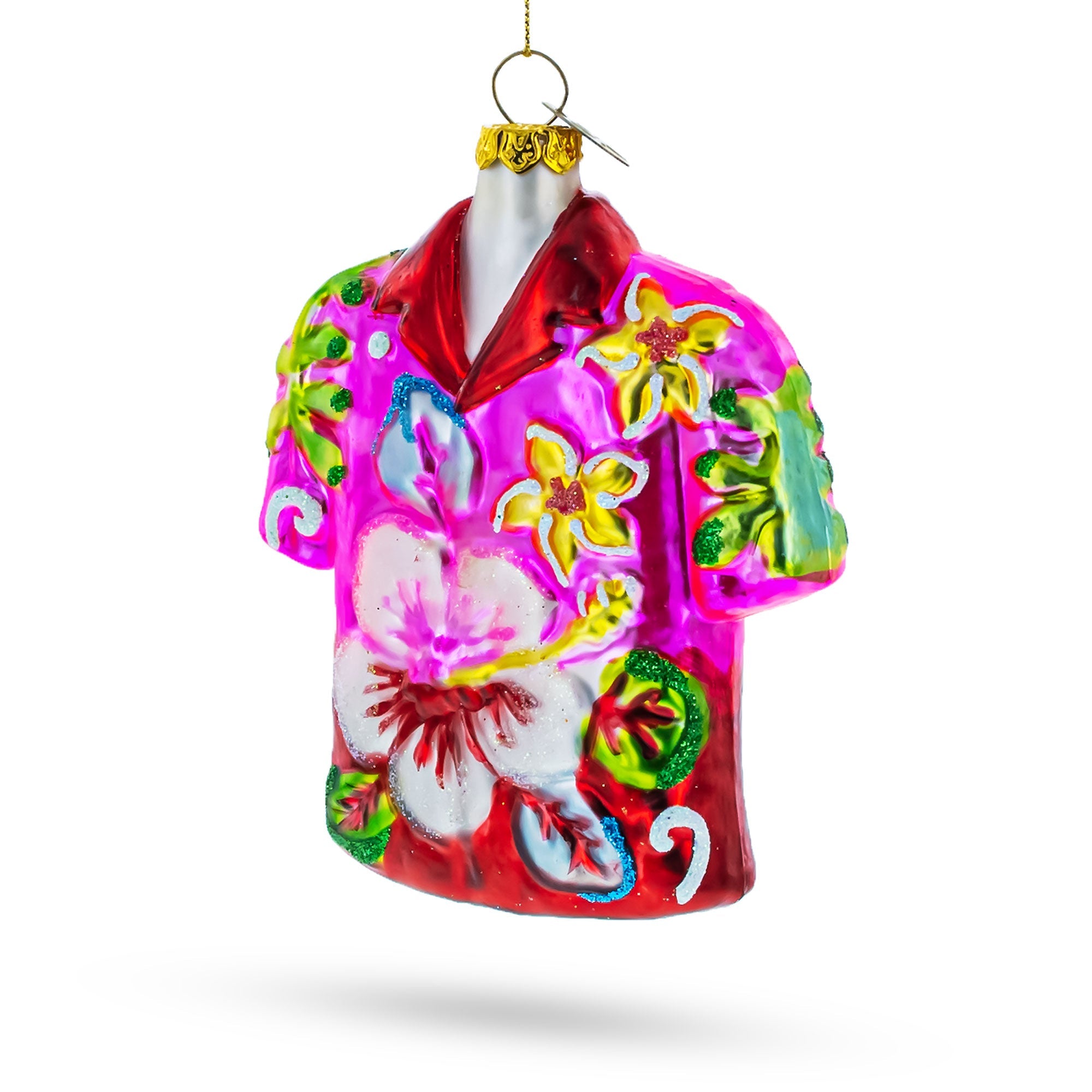 Tropical Short Sleeve Shirt With Flowers - Blown Glass Christmas Ornament