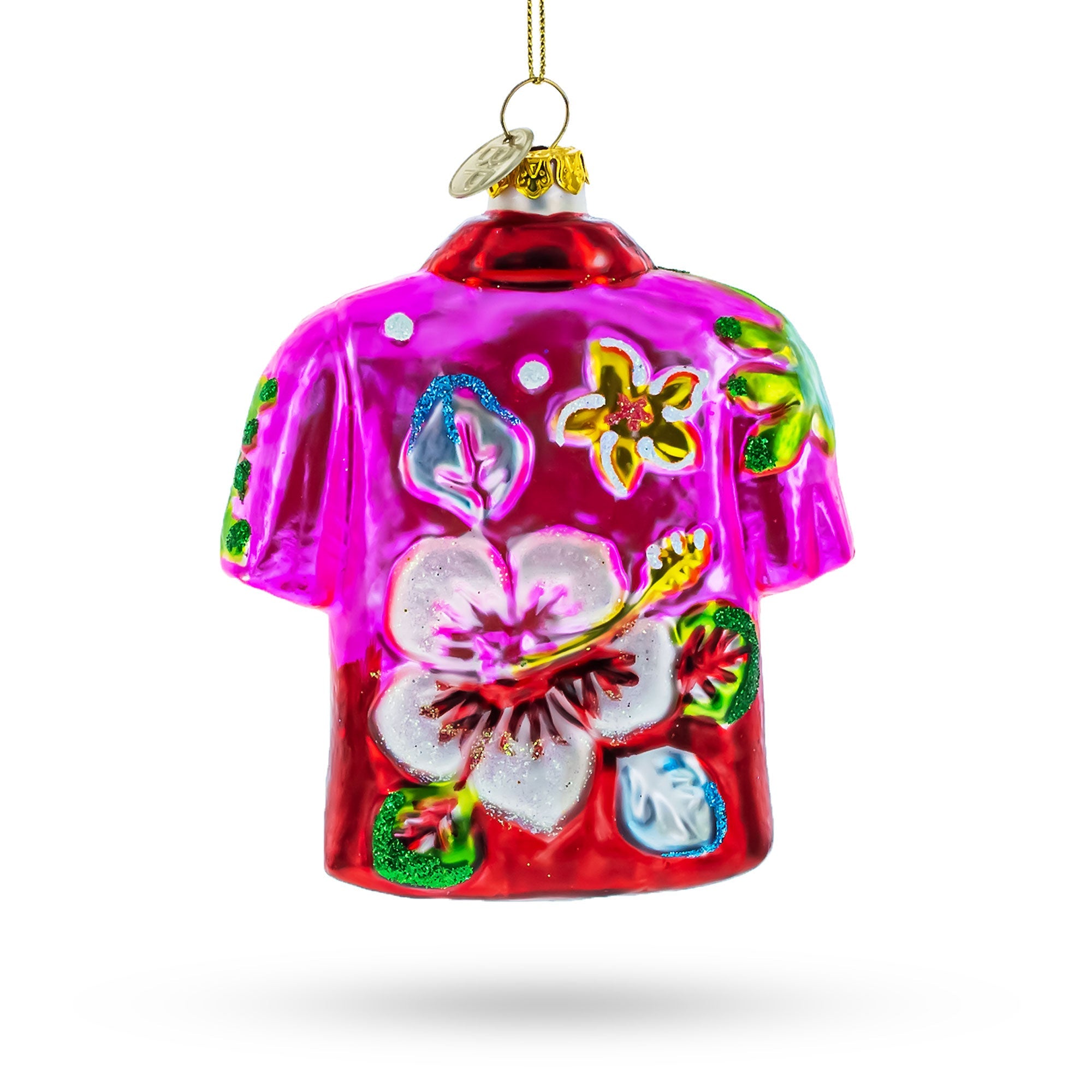 Tropical Short Sleeve Shirt With Flowers - Blown Glass Christmas Ornament