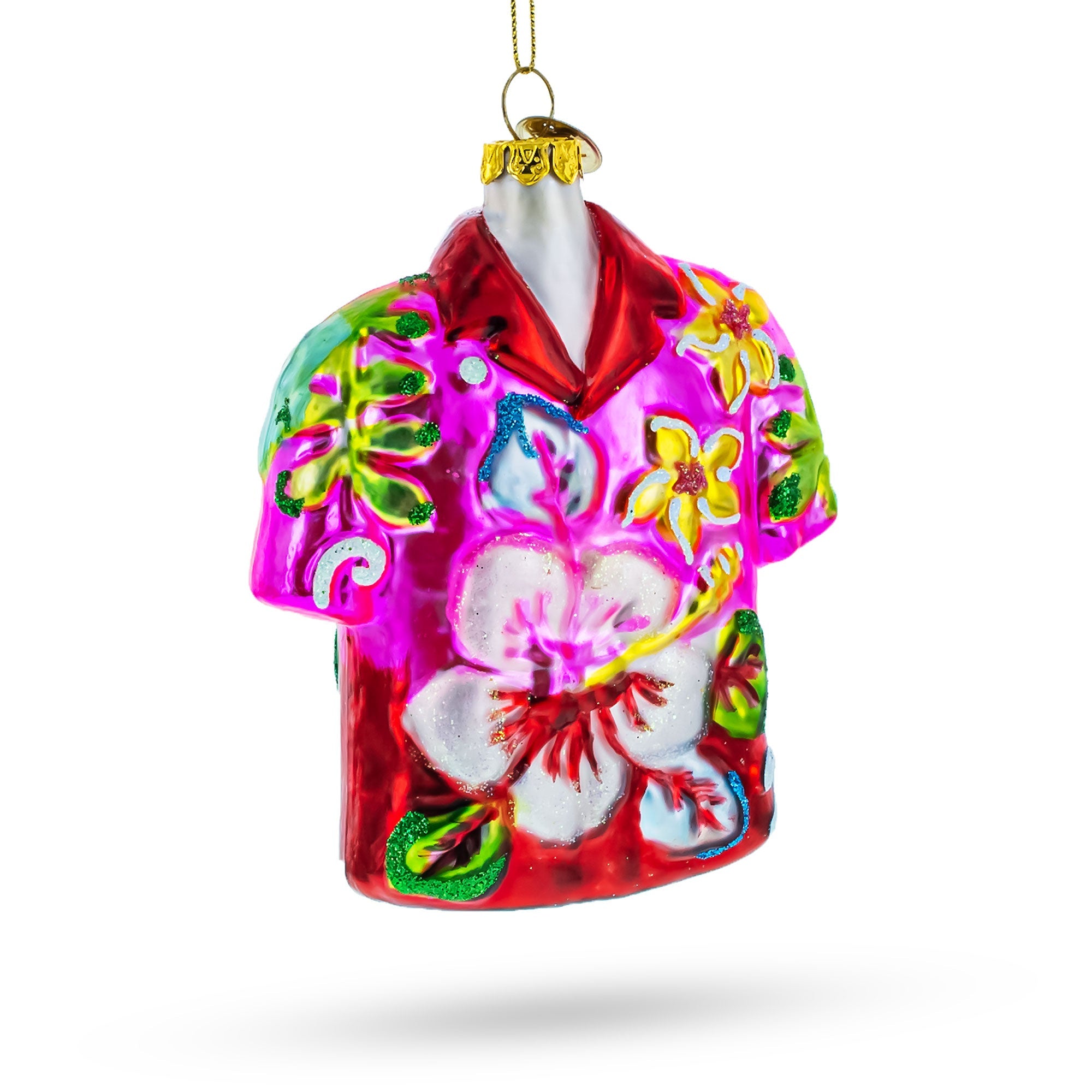 Tropical Short Sleeve Shirt With Flowers - Blown Glass Christmas Ornament