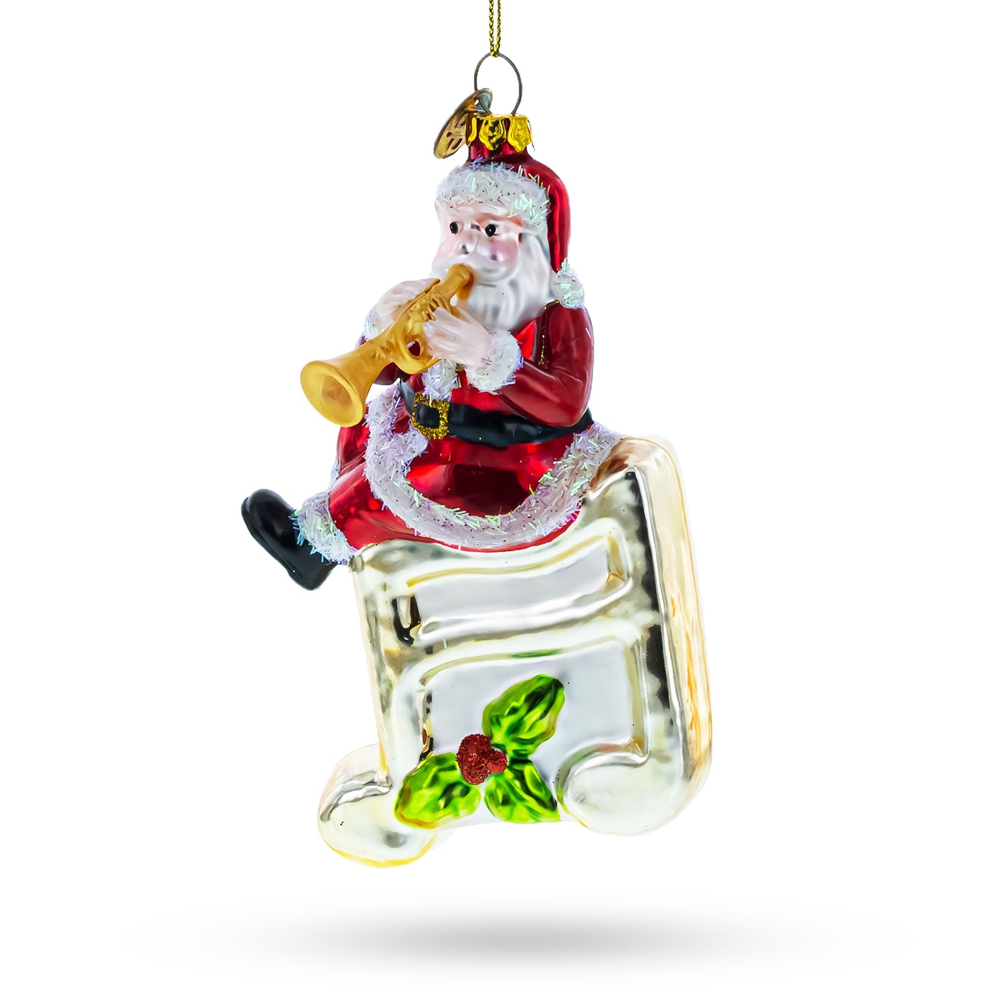 Musical Santa On Music Note - Blown Glass Christmas Ornament