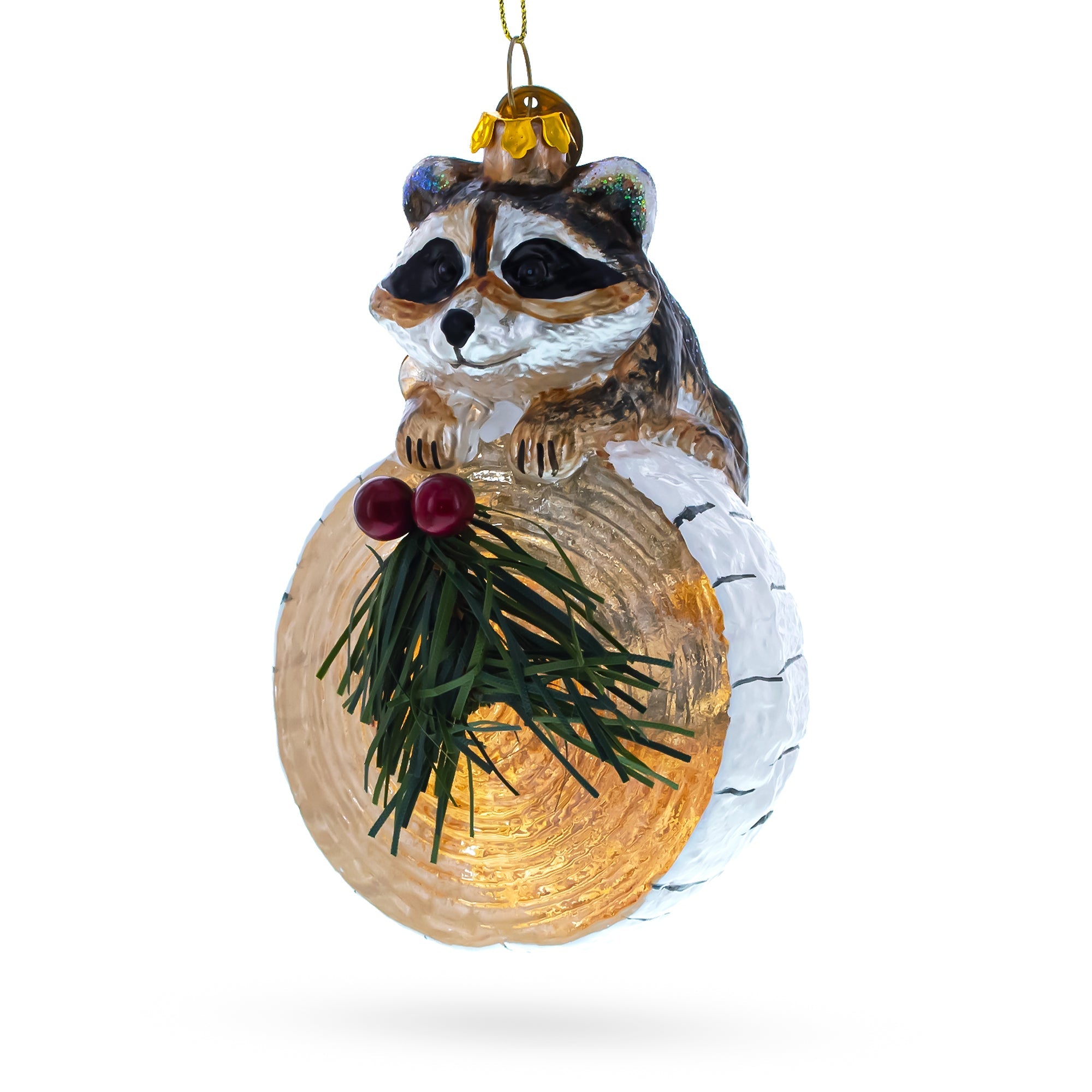 Curious Raccoon On The Log - Blown Glass Christmas Ornament