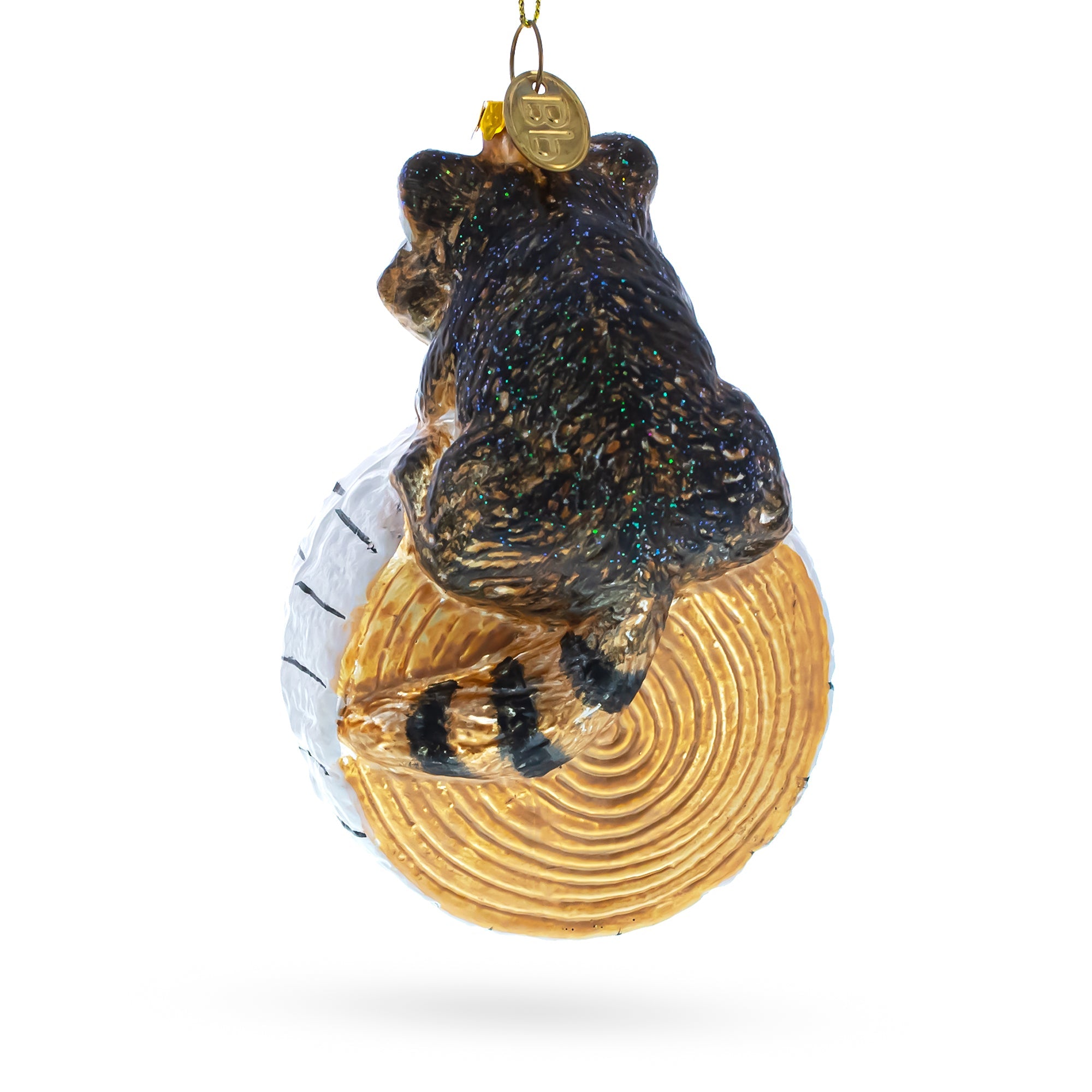 Curious Raccoon On The Log - Blown Glass Christmas Ornament