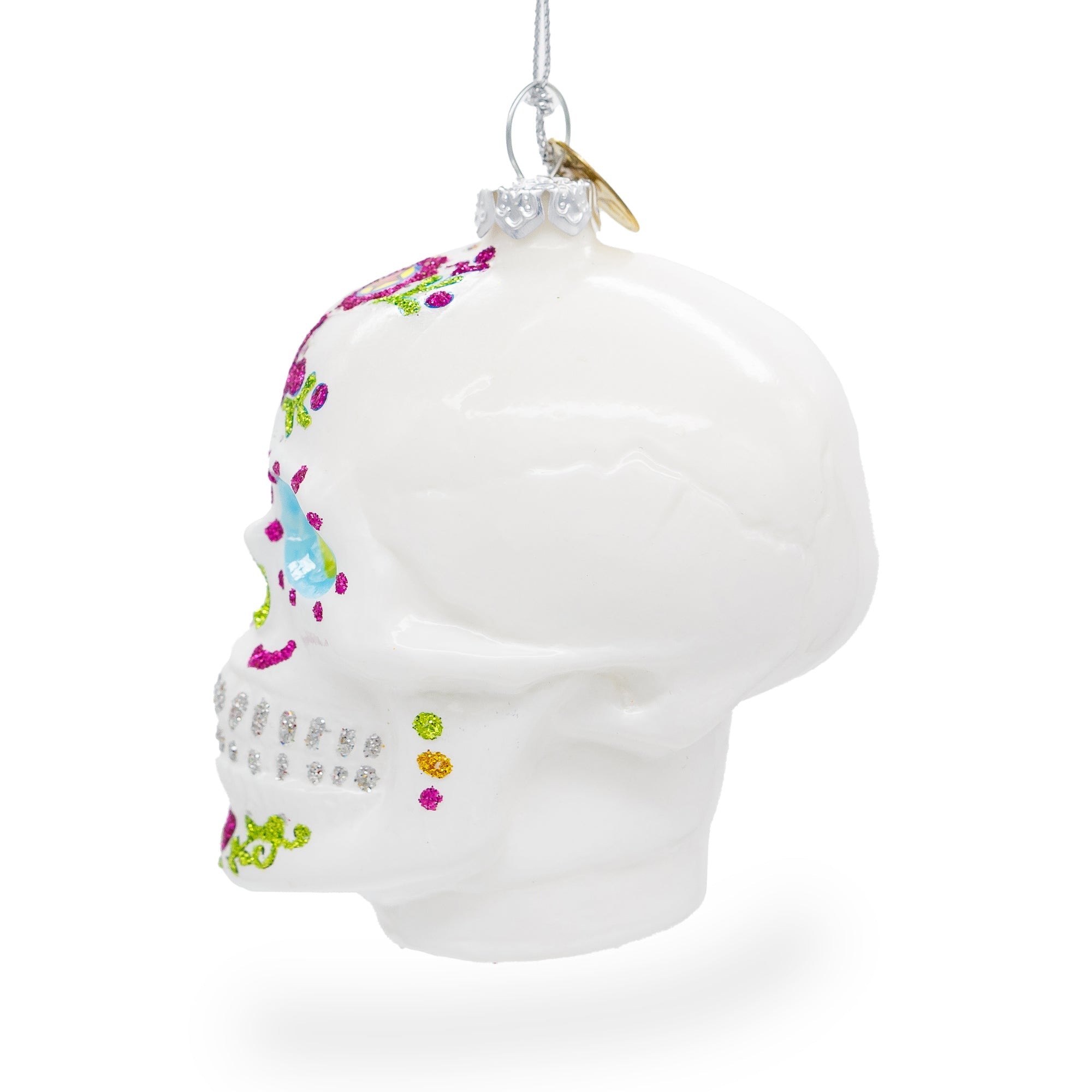 Elegantly Decorated White Skull - Blown Glass Christmas Ornament