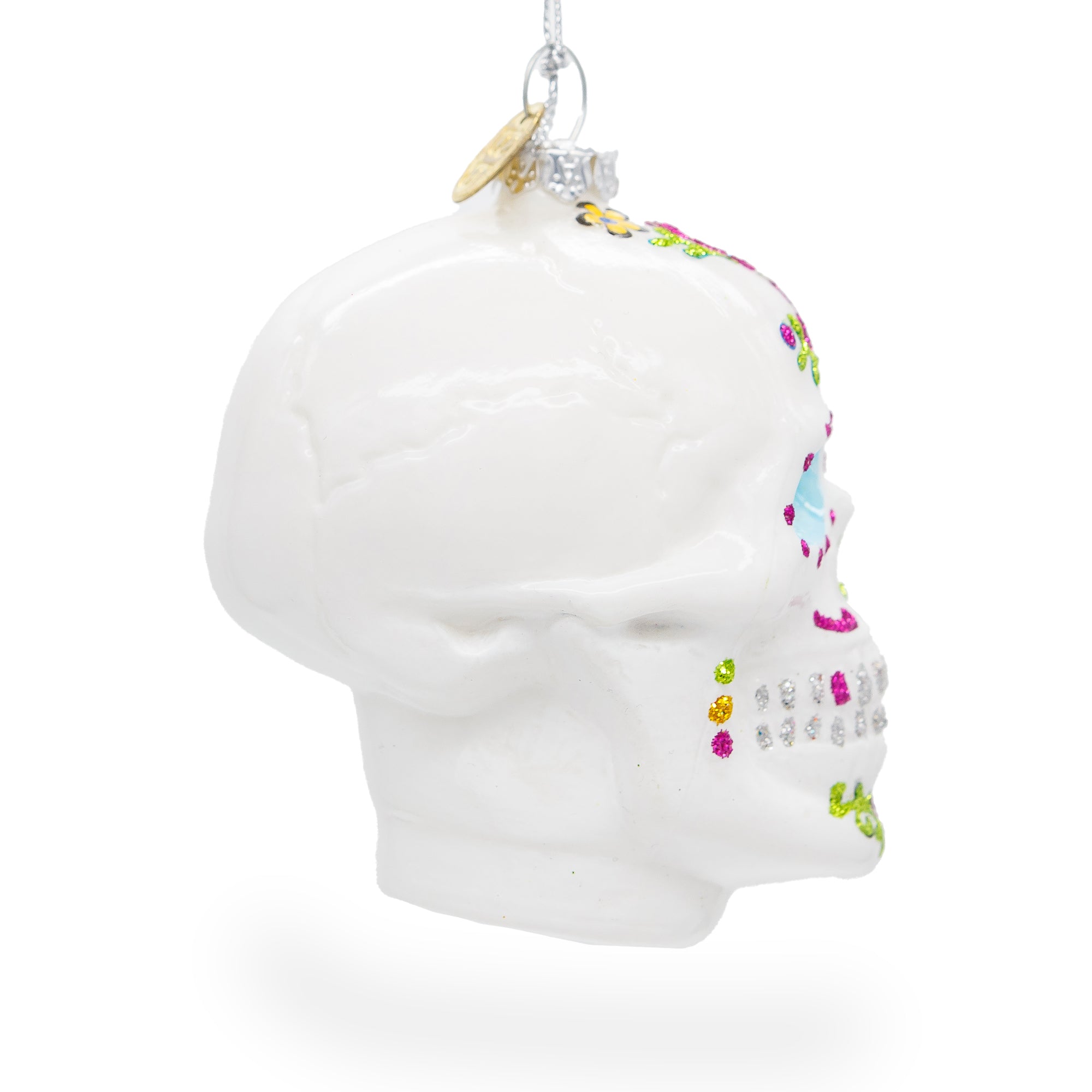 Elegantly Decorated White Skull - Blown Glass Christmas Ornament