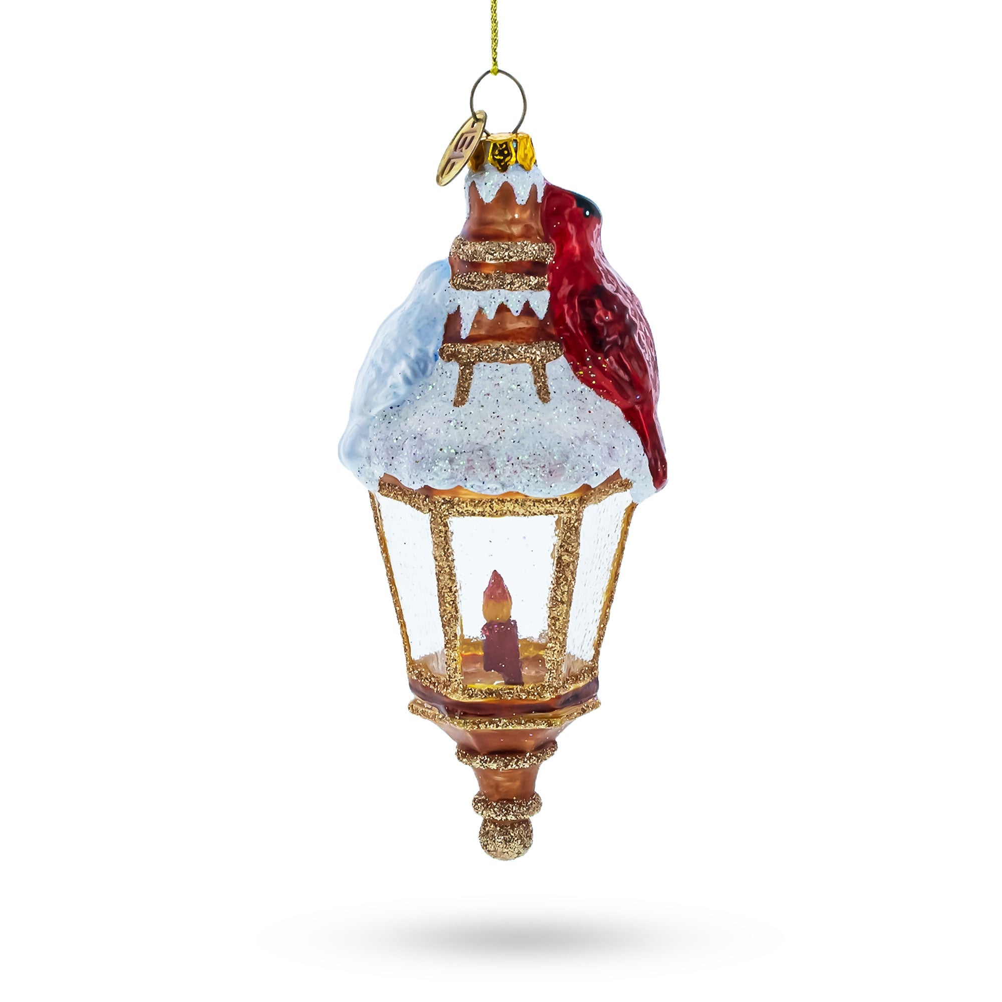 Majestic Red Cardinal Perched On Lantern - Blown Glass Christmas Ornament