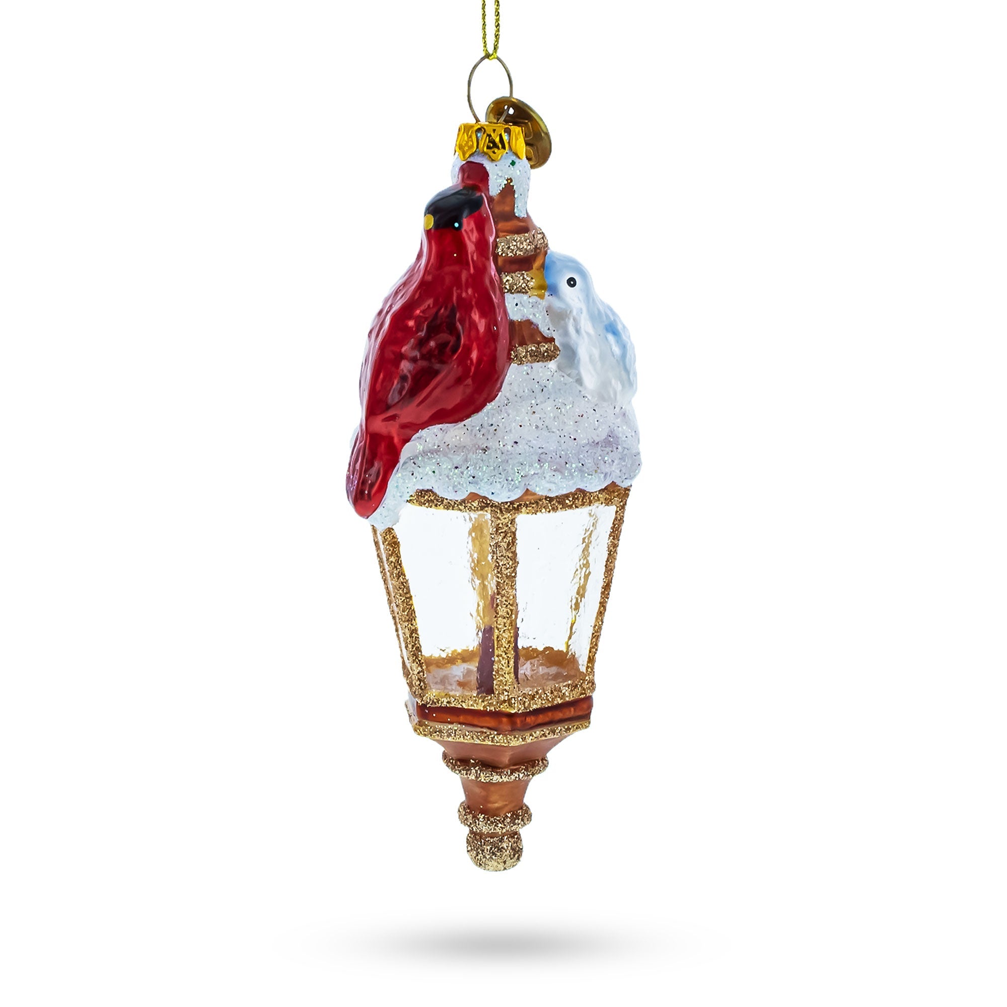 Majestic Red Cardinal Perched On Lantern - Blown Glass Christmas Ornament