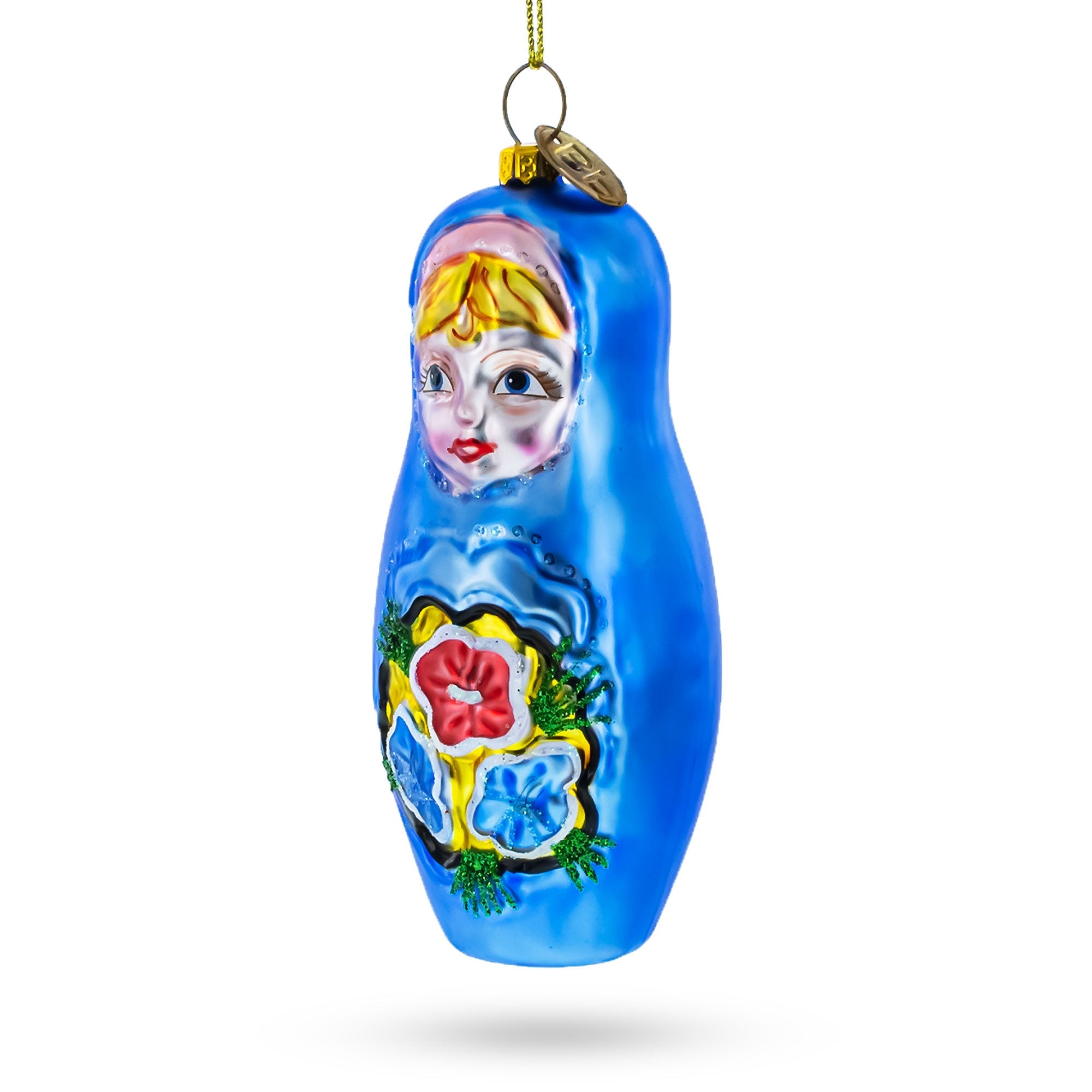 Blue Doll With Flower -  Blown Glass Christmas Ornament