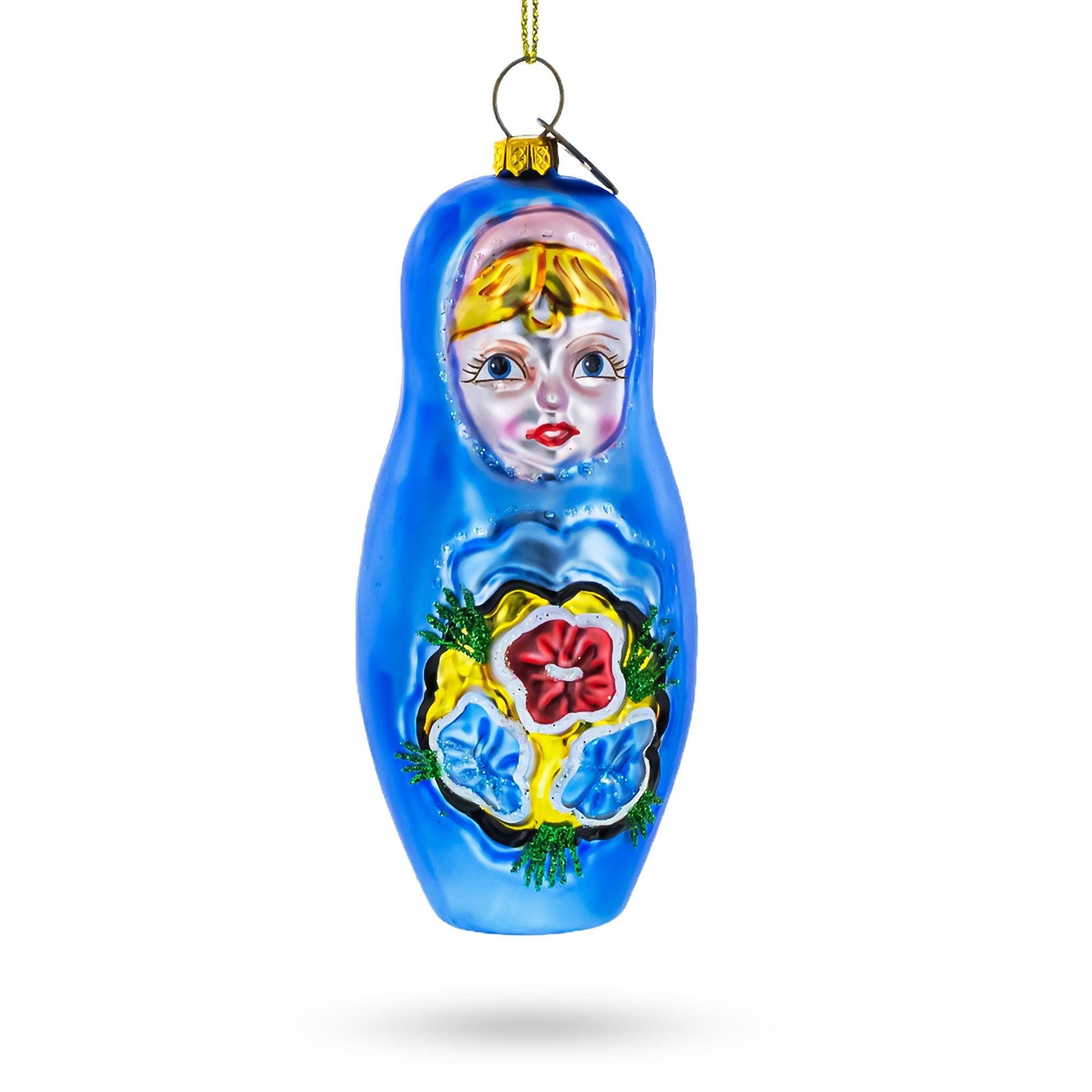 Blue Doll With Flower -  Blown Glass Christmas Ornament