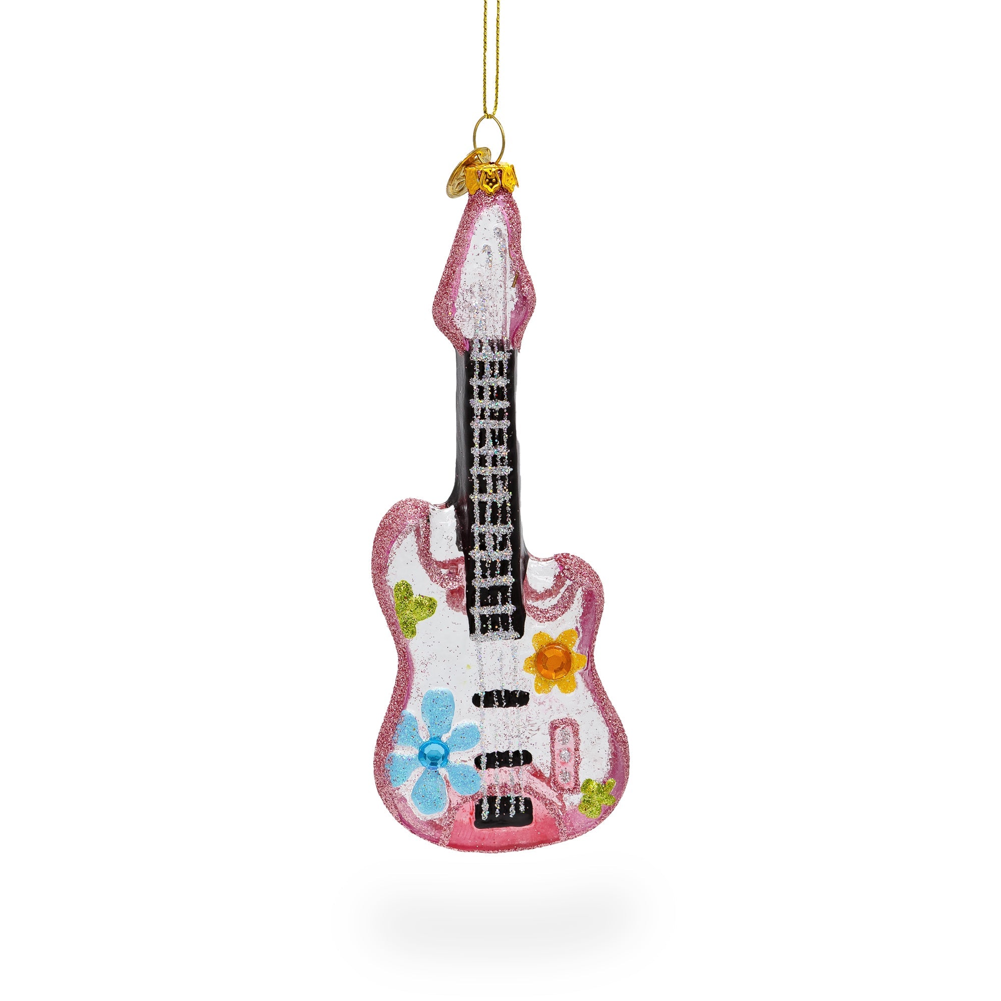 Blossom-adorned Guitar - Blown Glass Christmas Ornament