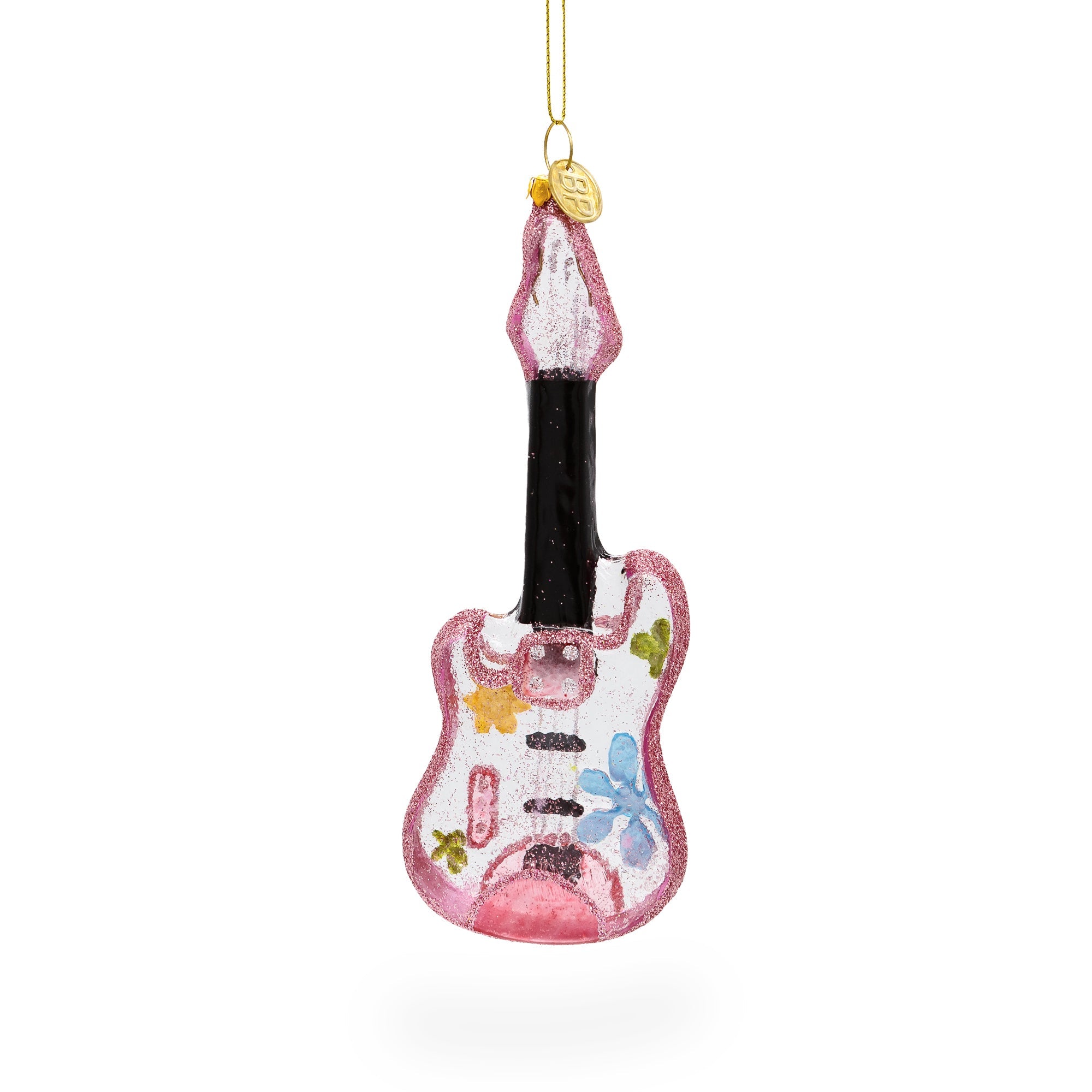 Blossom-adorned Guitar - Blown Glass Christmas Ornament