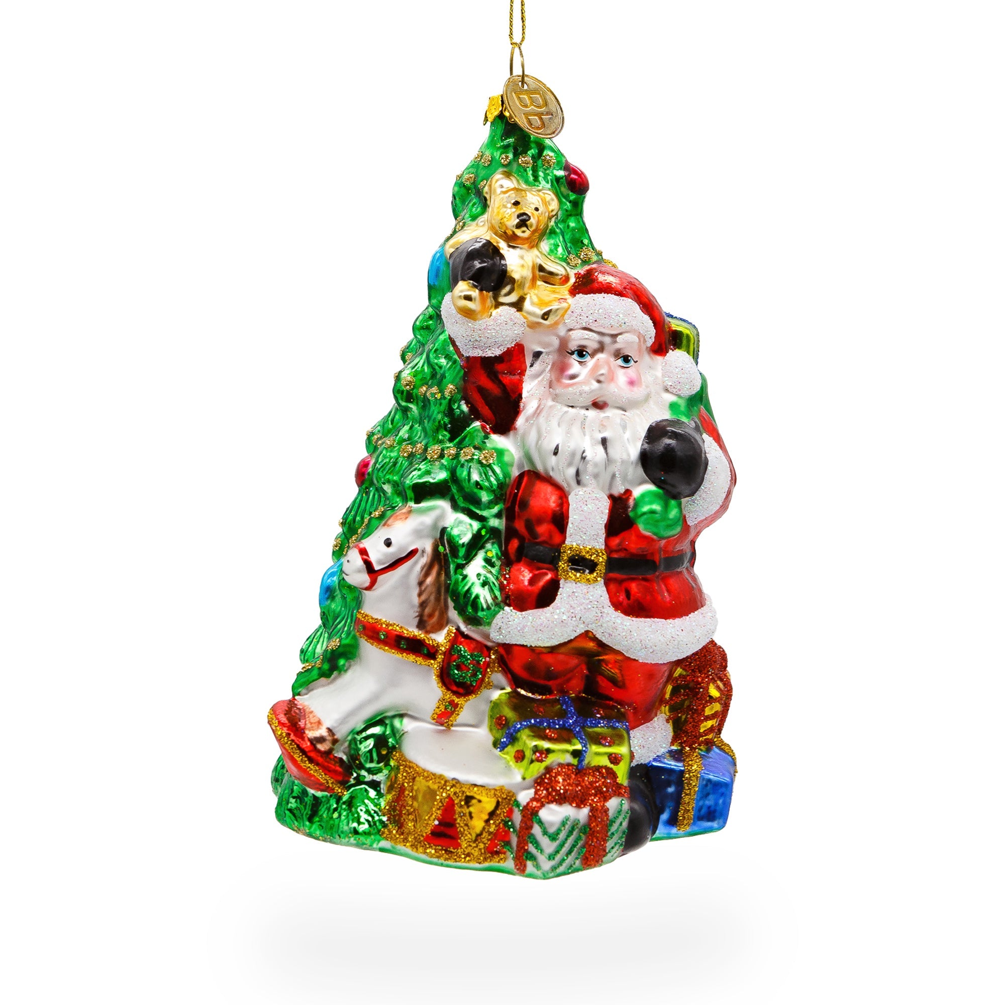 Jolly Santa By Tree - Blown Glass Christmas Ornament