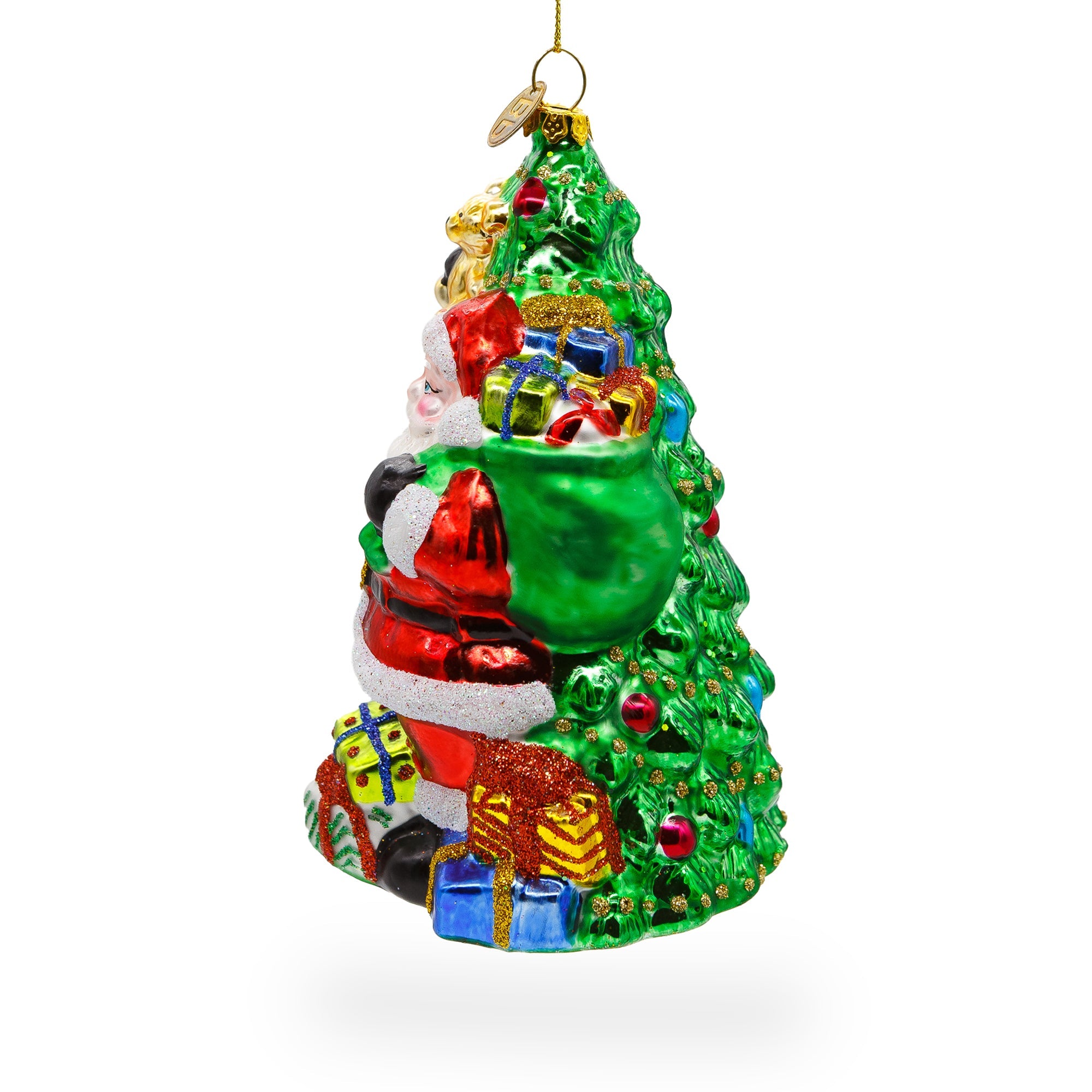 Jolly Santa By Tree - Blown Glass Christmas Ornament