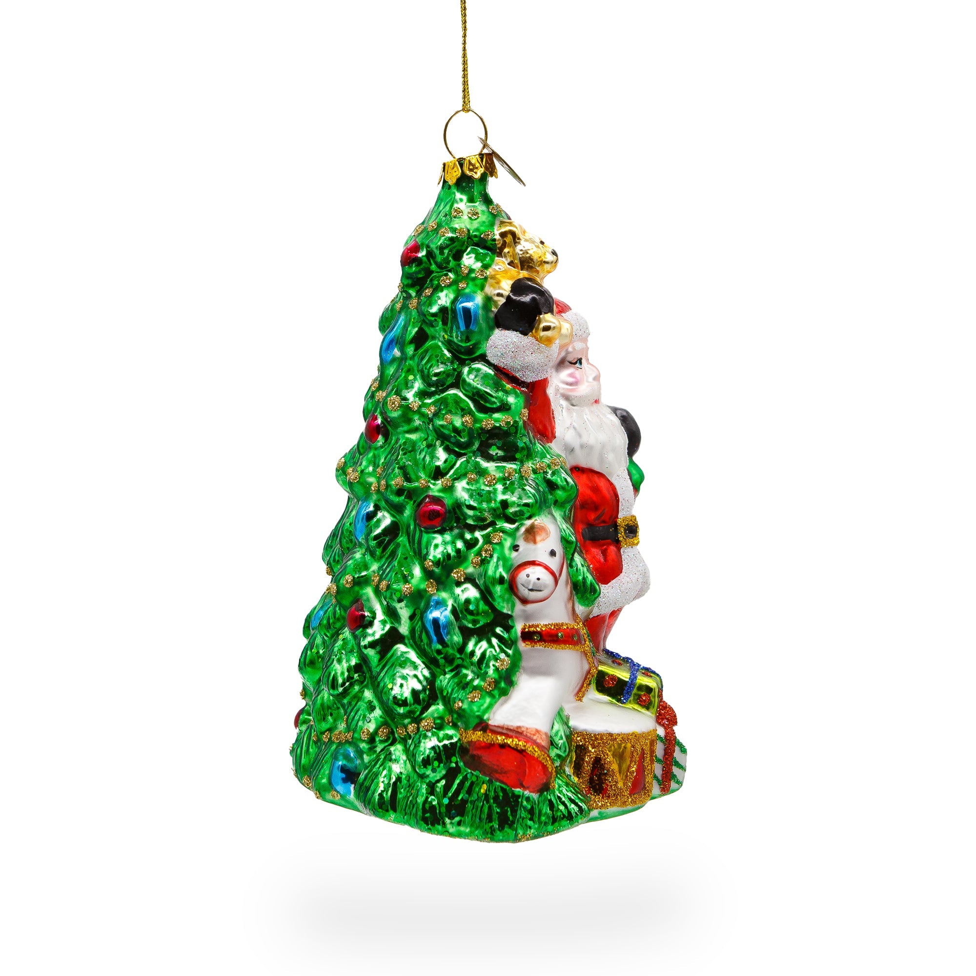 Jolly Santa By Tree - Blown Glass Christmas Ornament