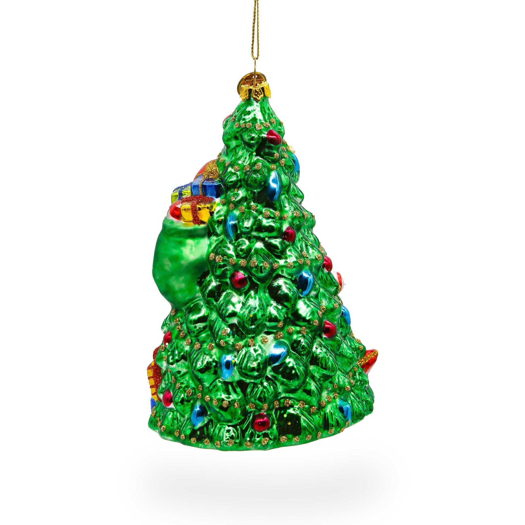 Jolly Santa By Tree - Blown Glass Christmas Ornament