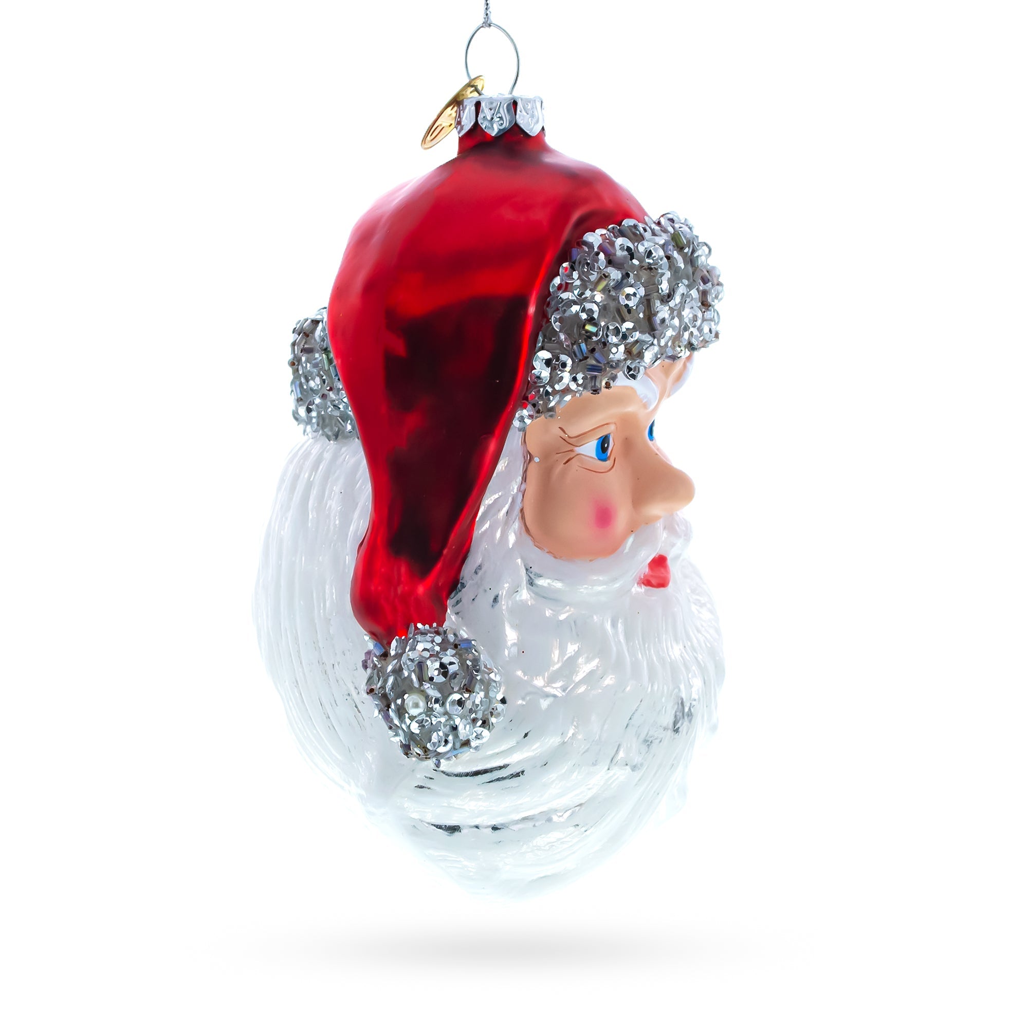 Festive Santa Head - Blown Glass Christmas Ornament