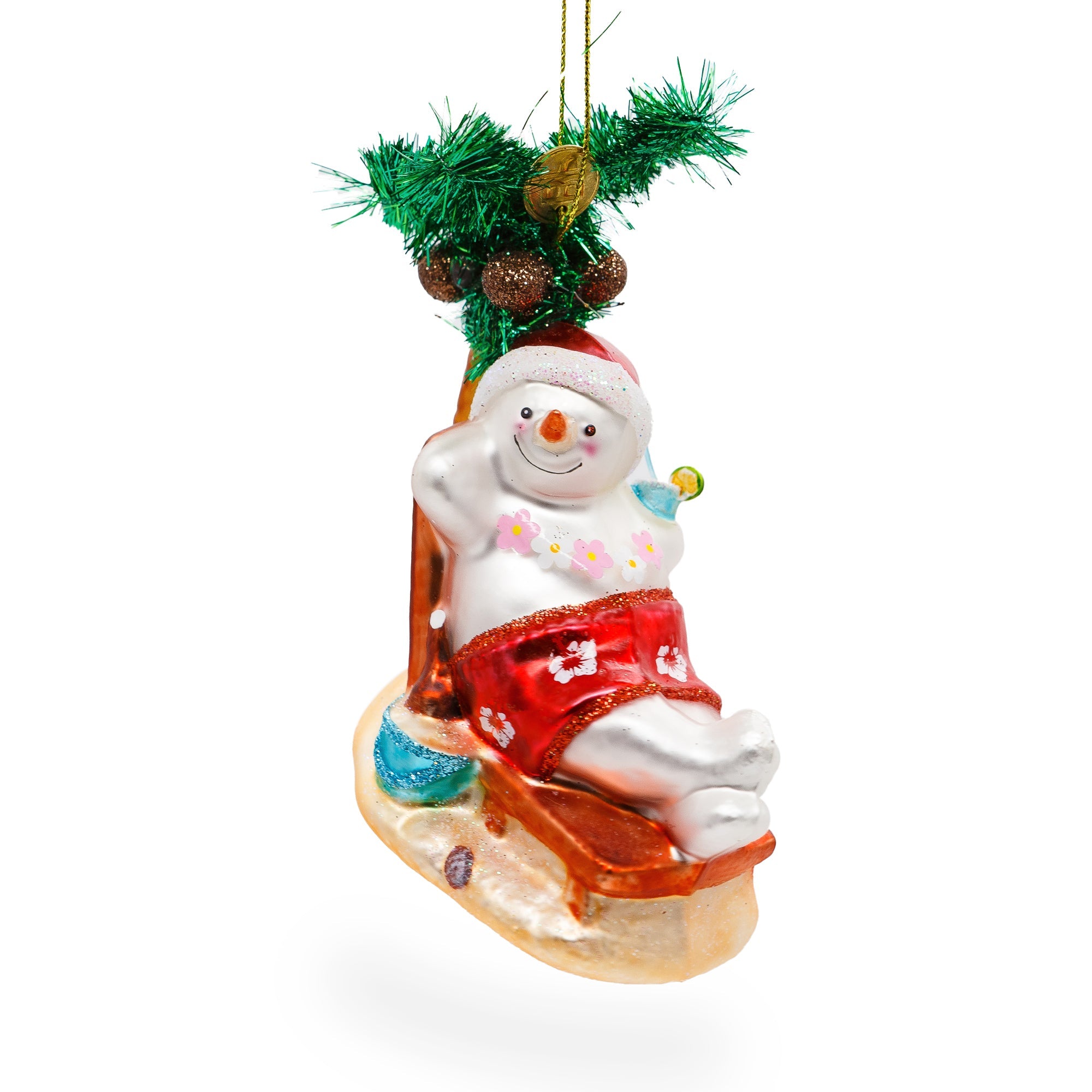 Tropical Snowman On The Beach - Exotic Blown Glass Christmas Ornament