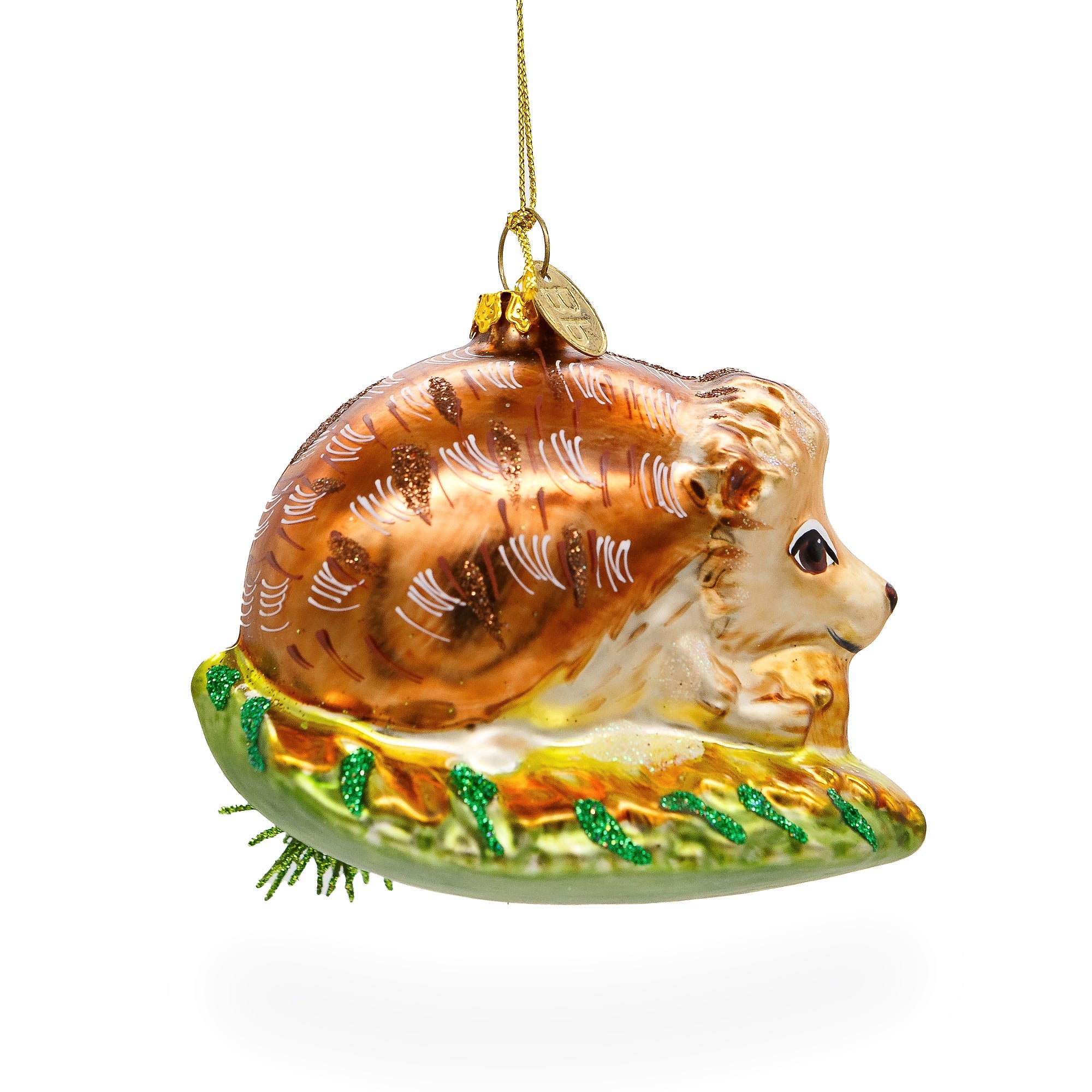 Cute Hedgehog On Grass - Blown Glass Christmas Ornament