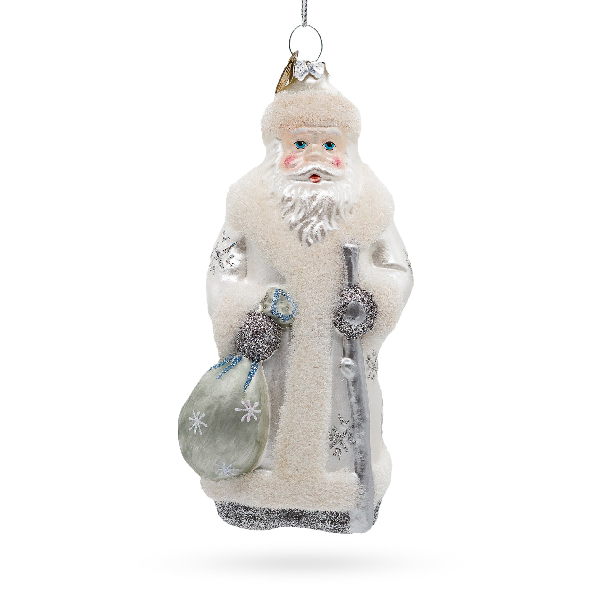 Santa In Elegant White - Blown Glass Christmas Ornament