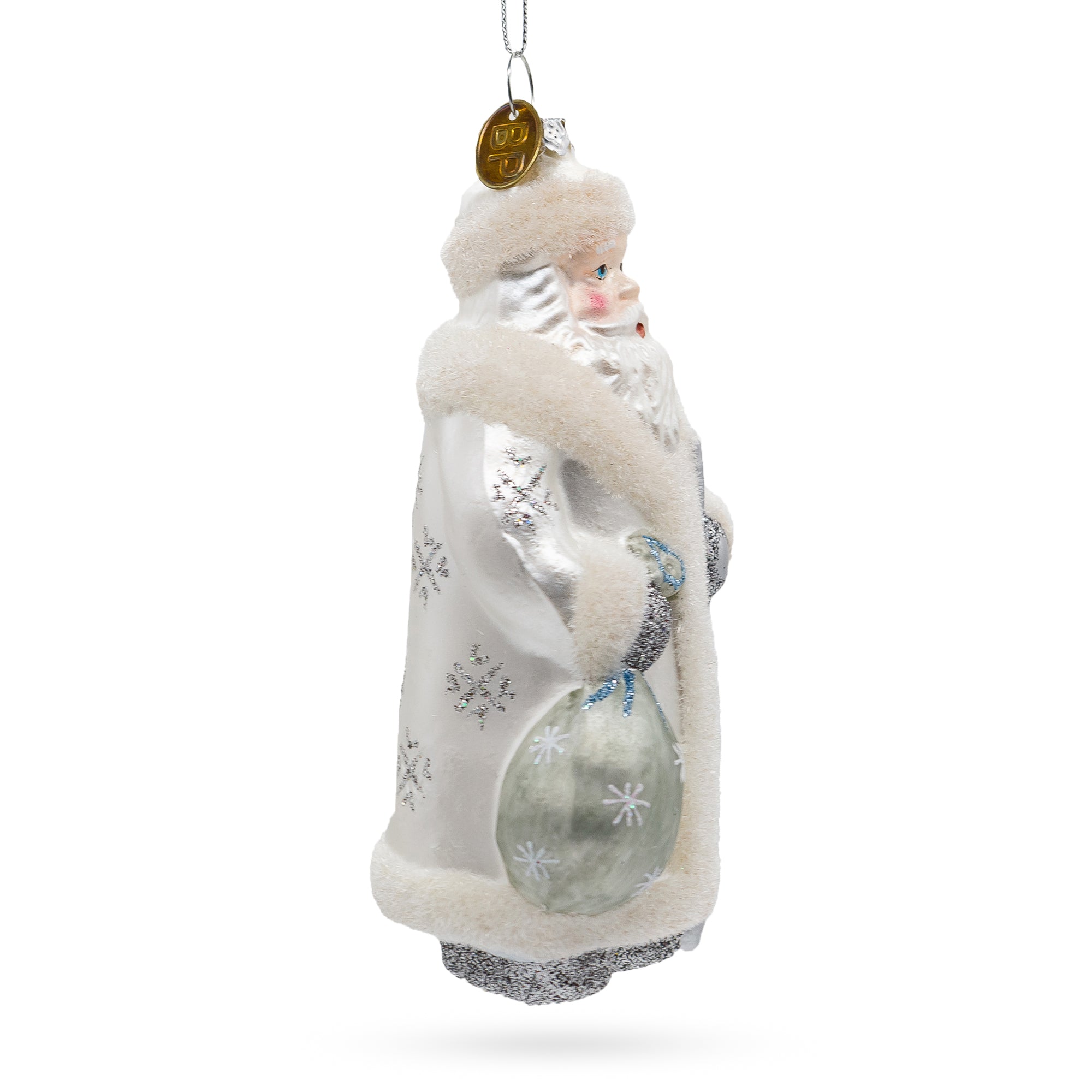 Santa In Elegant White - Blown Glass Christmas Ornament