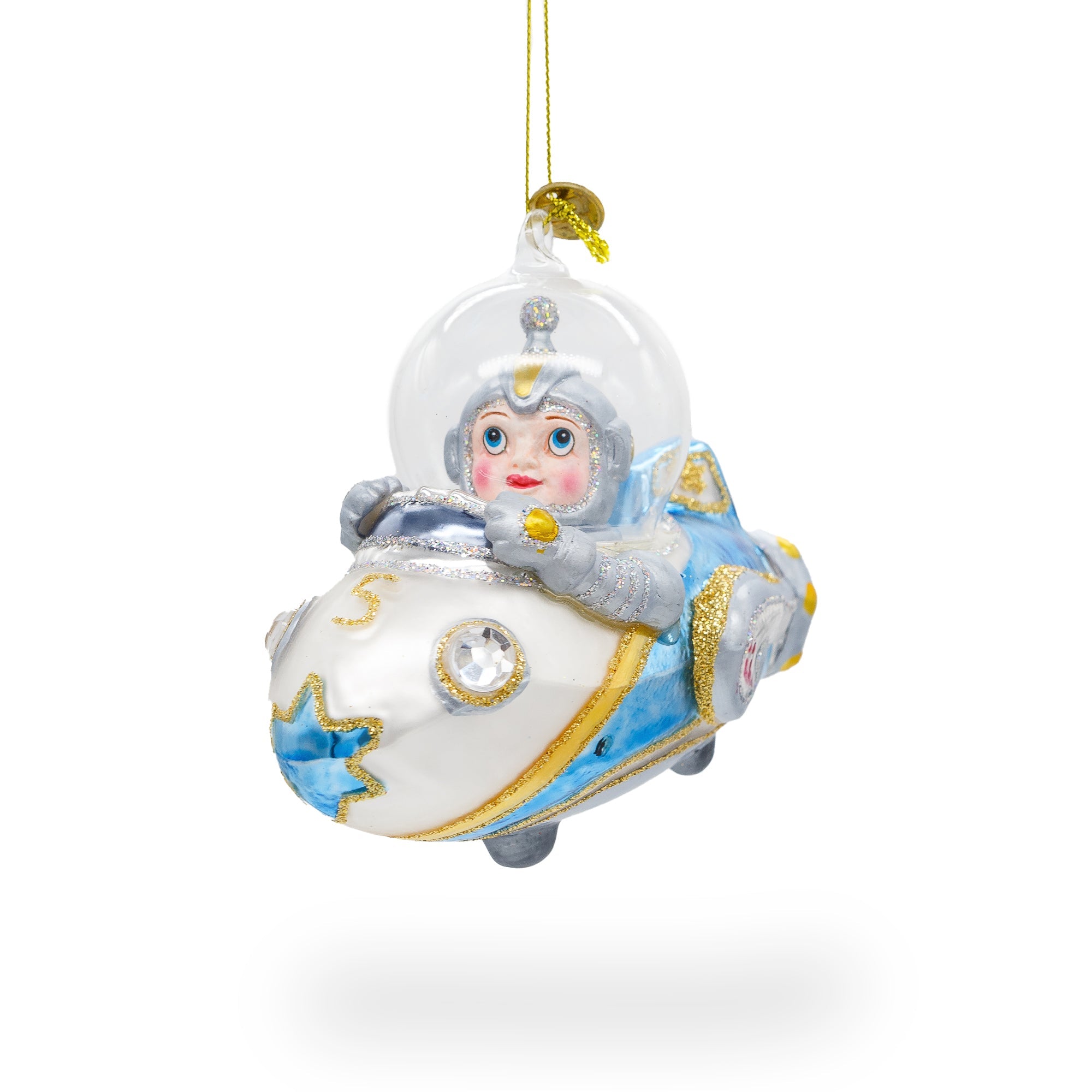 Adventurous Astronaut Driving Spaceship - Blown Glass Christmas Ornament