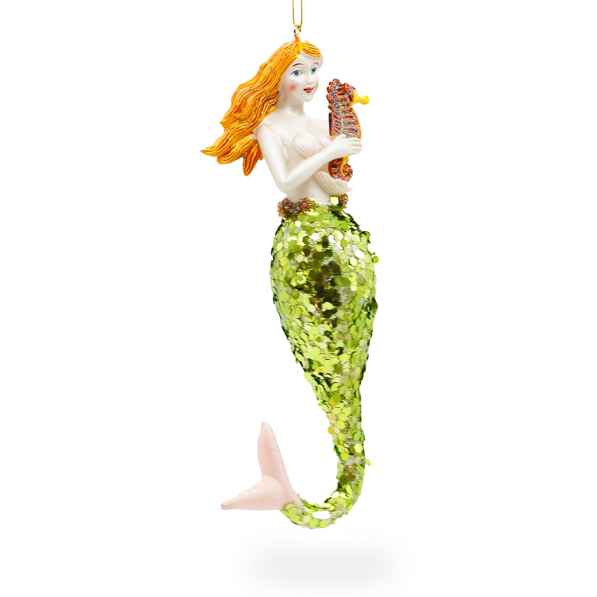 Enchanting Mermaid Holding Sea Horse - Blown Glass Christmas Ornament