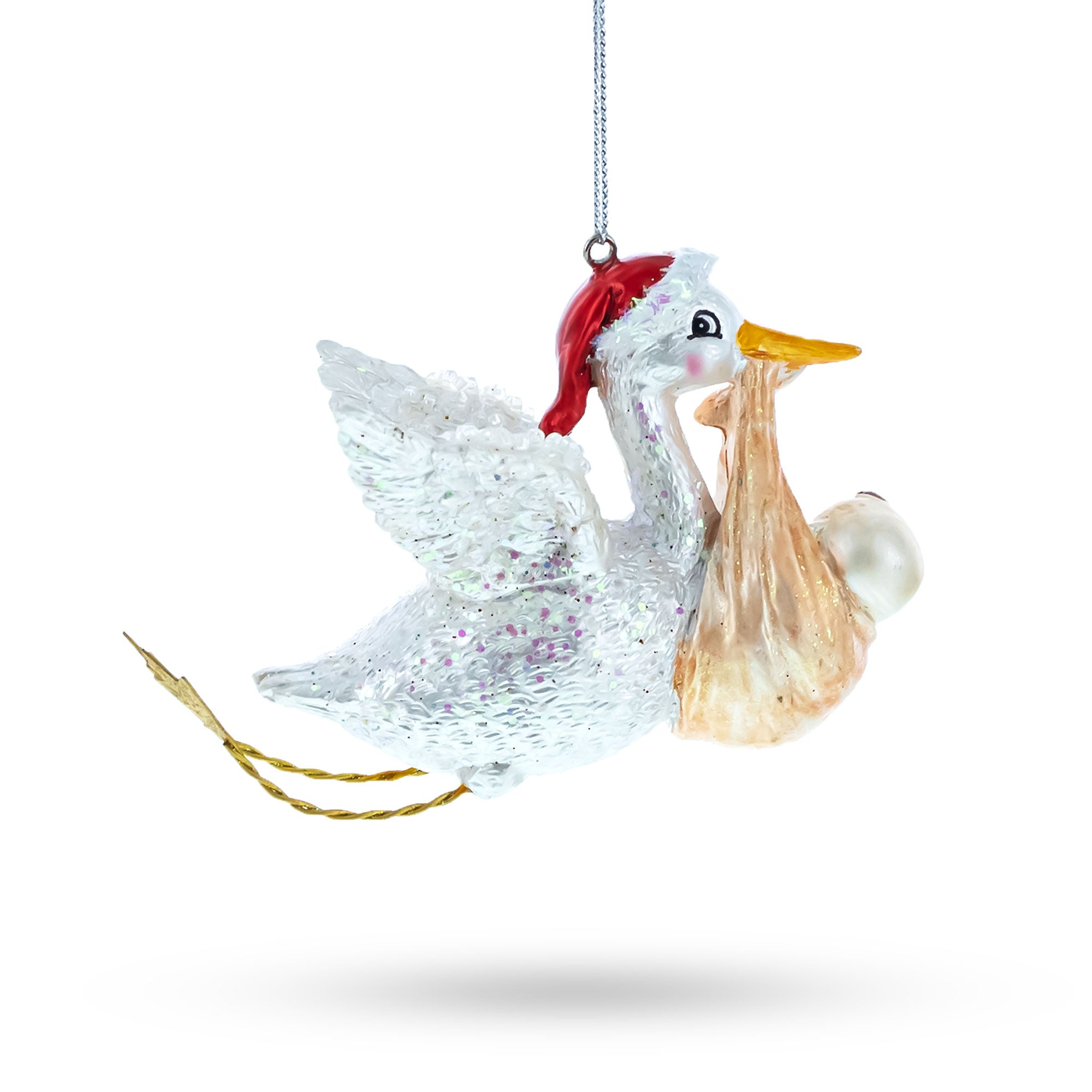 Charming Stork Carrying Baby - Blown Glass Christmas Ornament