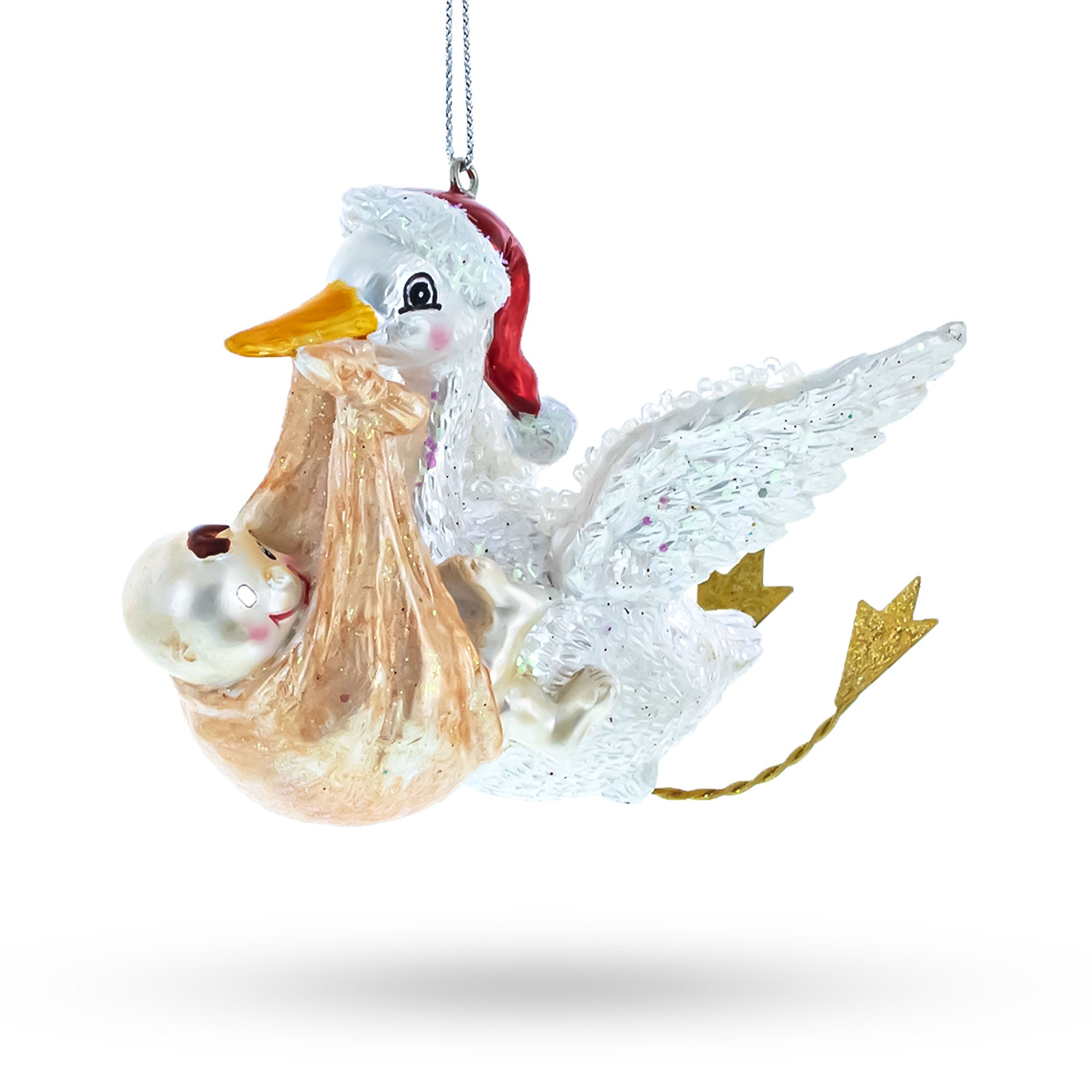 Charming Stork Carrying Baby - Blown Glass Christmas Ornament