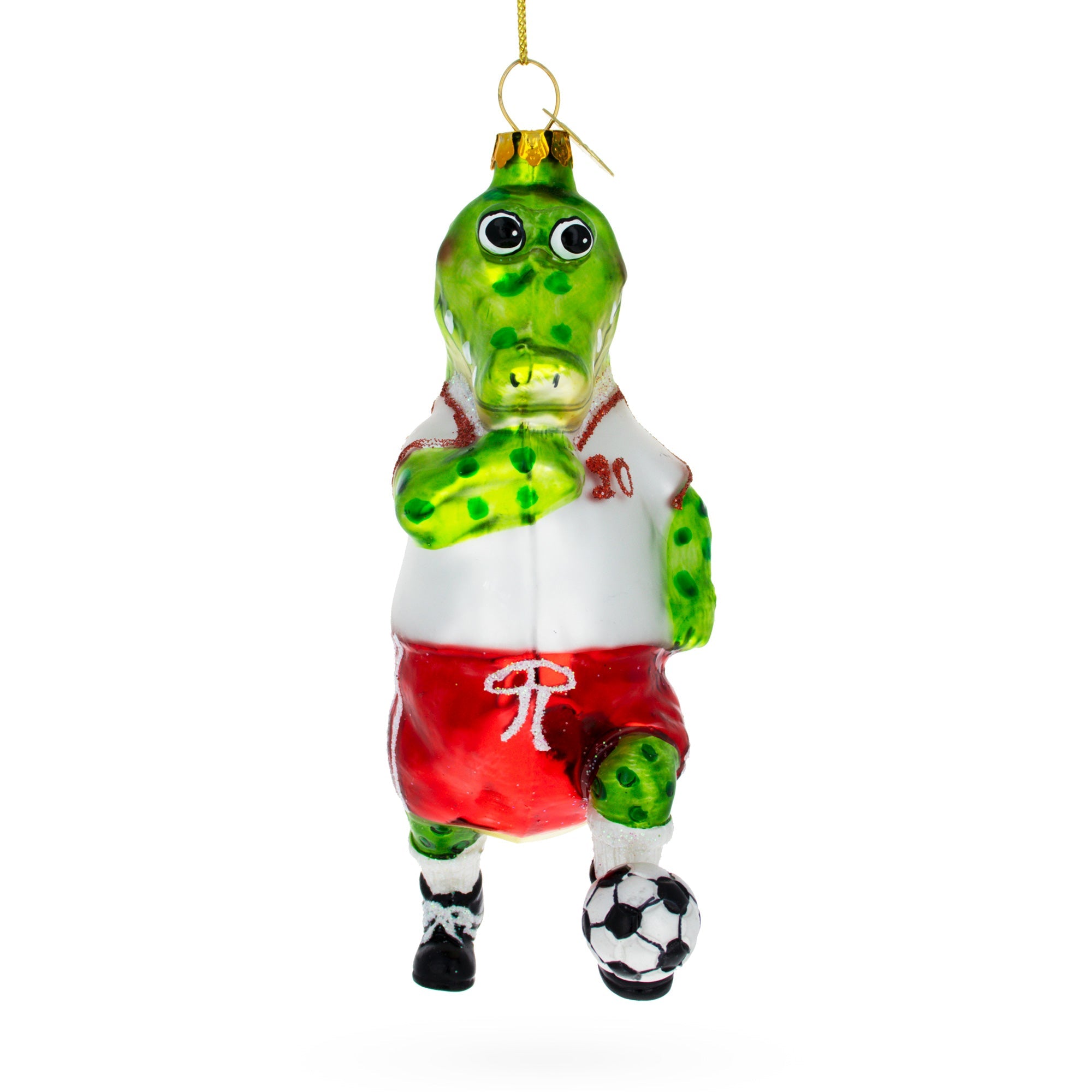 Playful Crocodile Soccer Player - Blown Glass Christmas Ornament