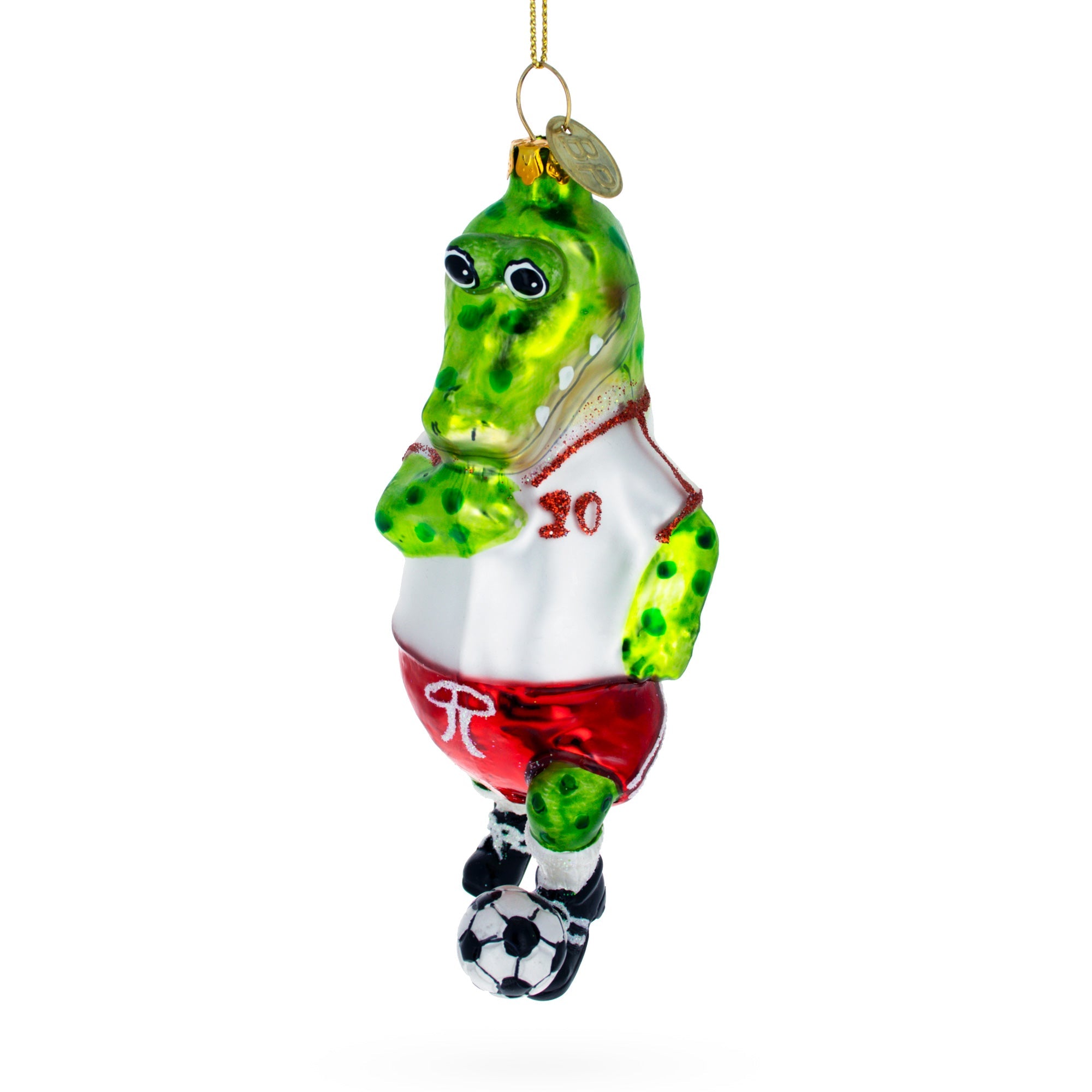 Playful Crocodile Soccer Player - Blown Glass Christmas Ornament