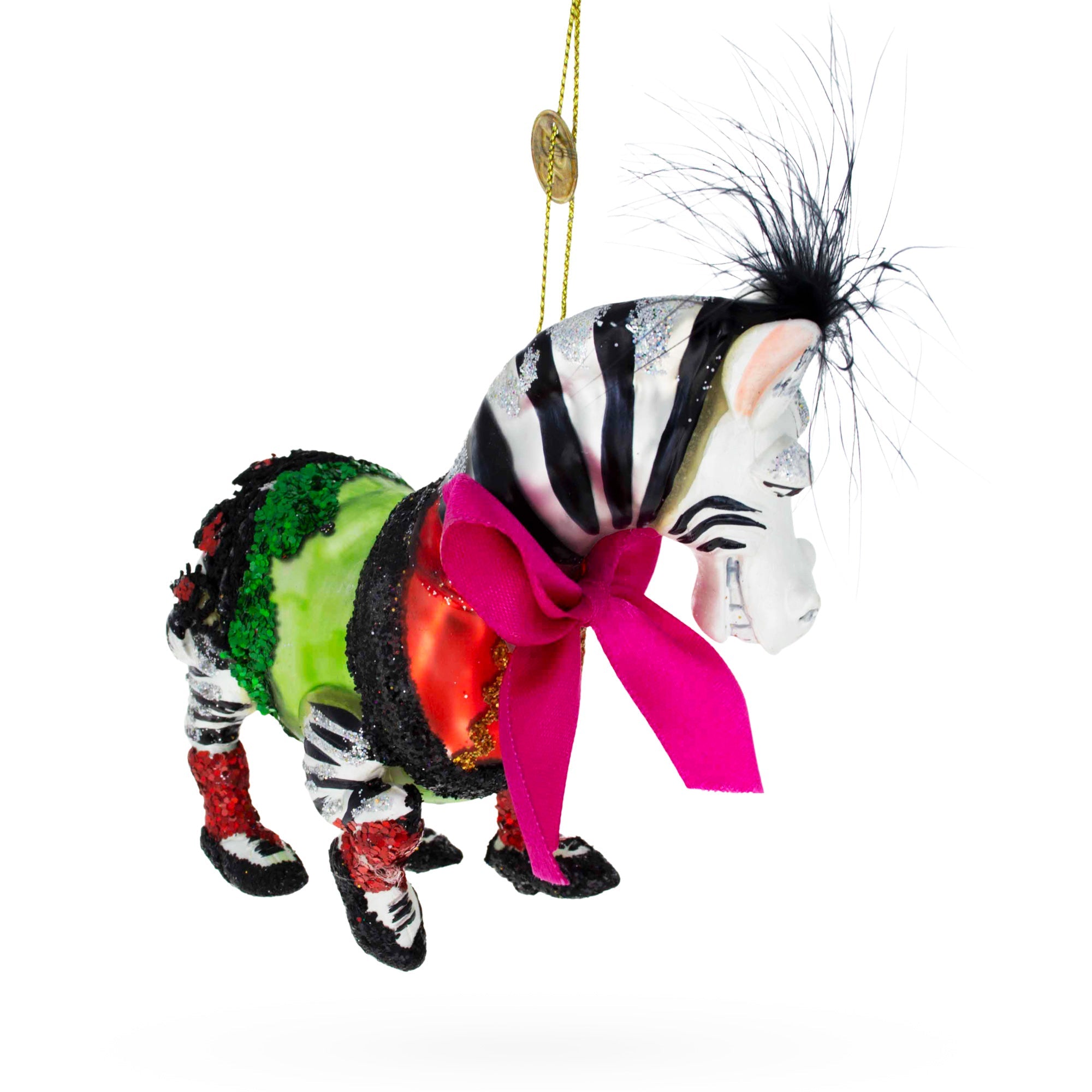 Dashing Zebra In Costume - Blown Glass Christmas Ornament