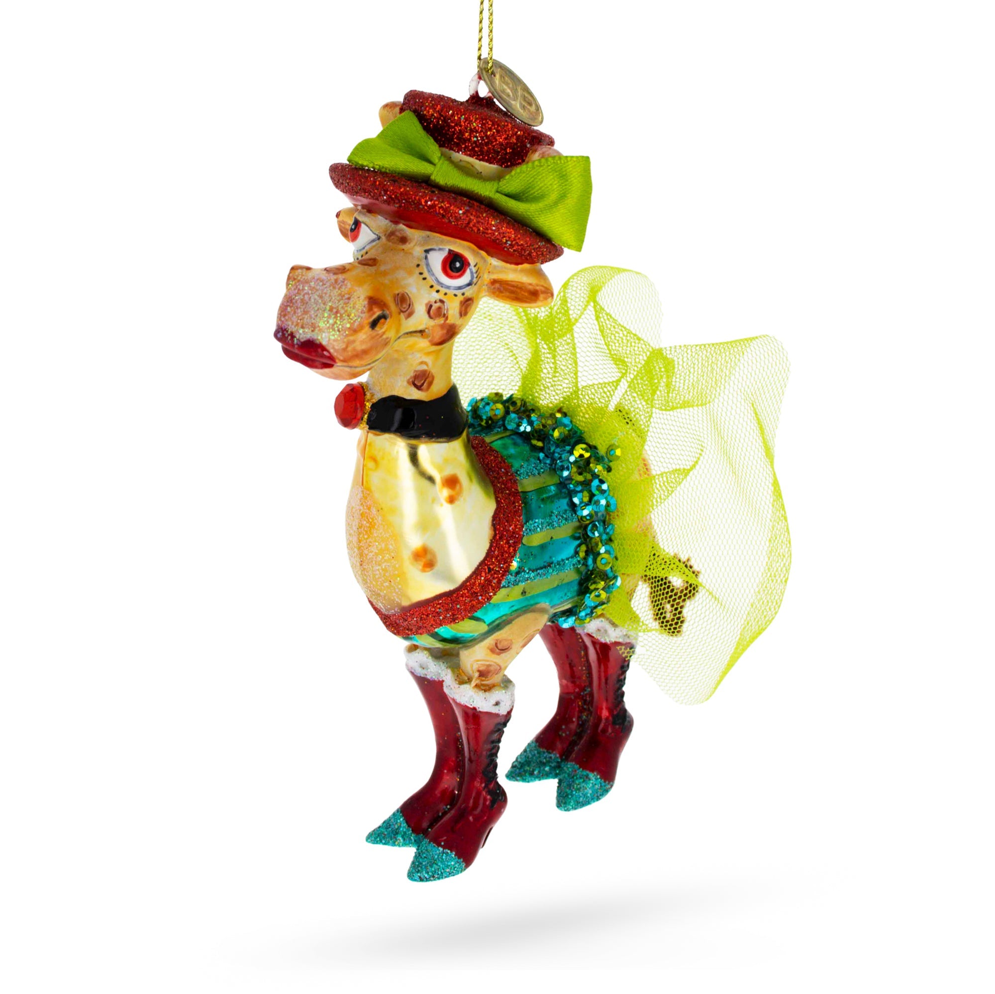 Charming Giraffe In Costume - Blown Glass Christmas Ornament