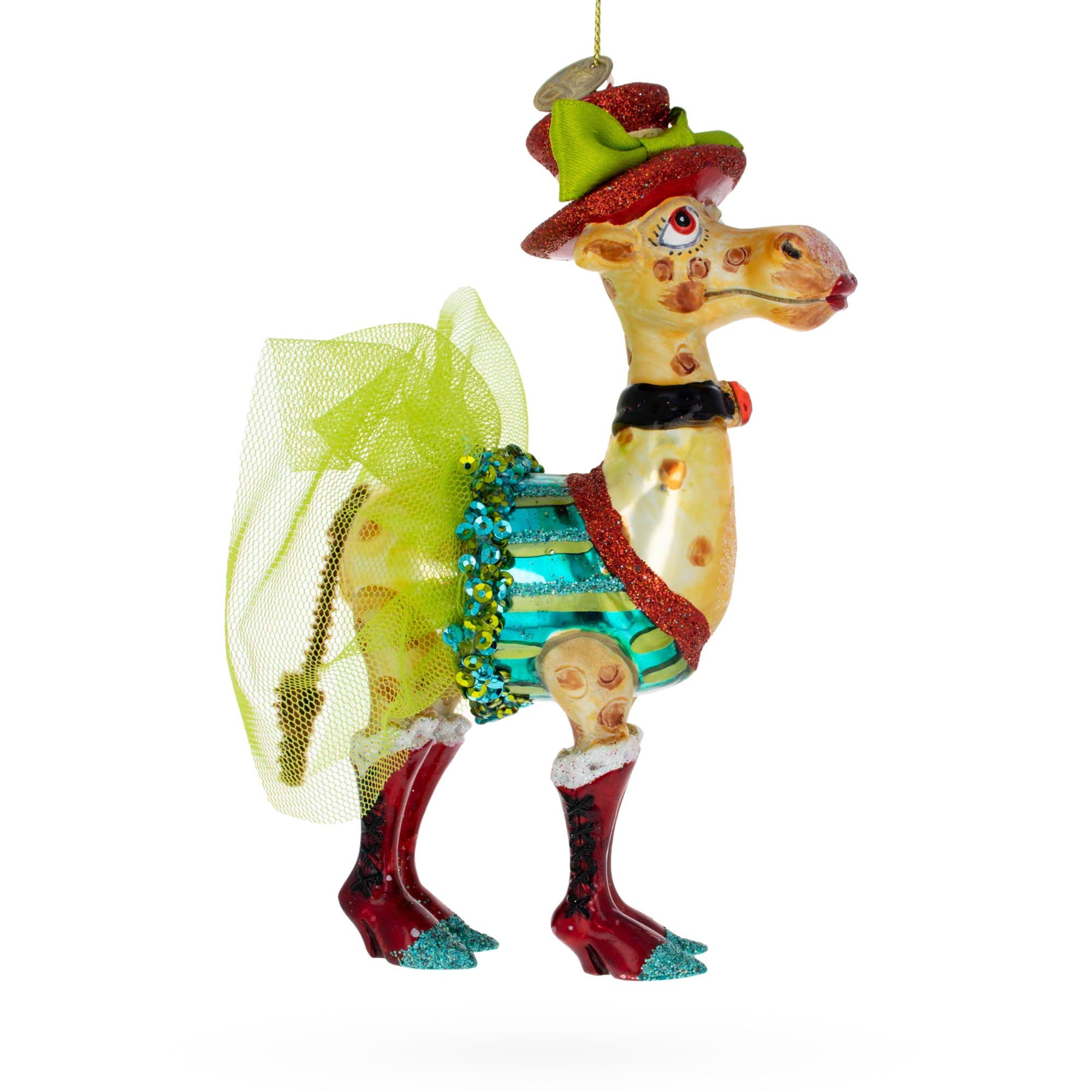 Charming Giraffe In Costume - Blown Glass Christmas Ornament