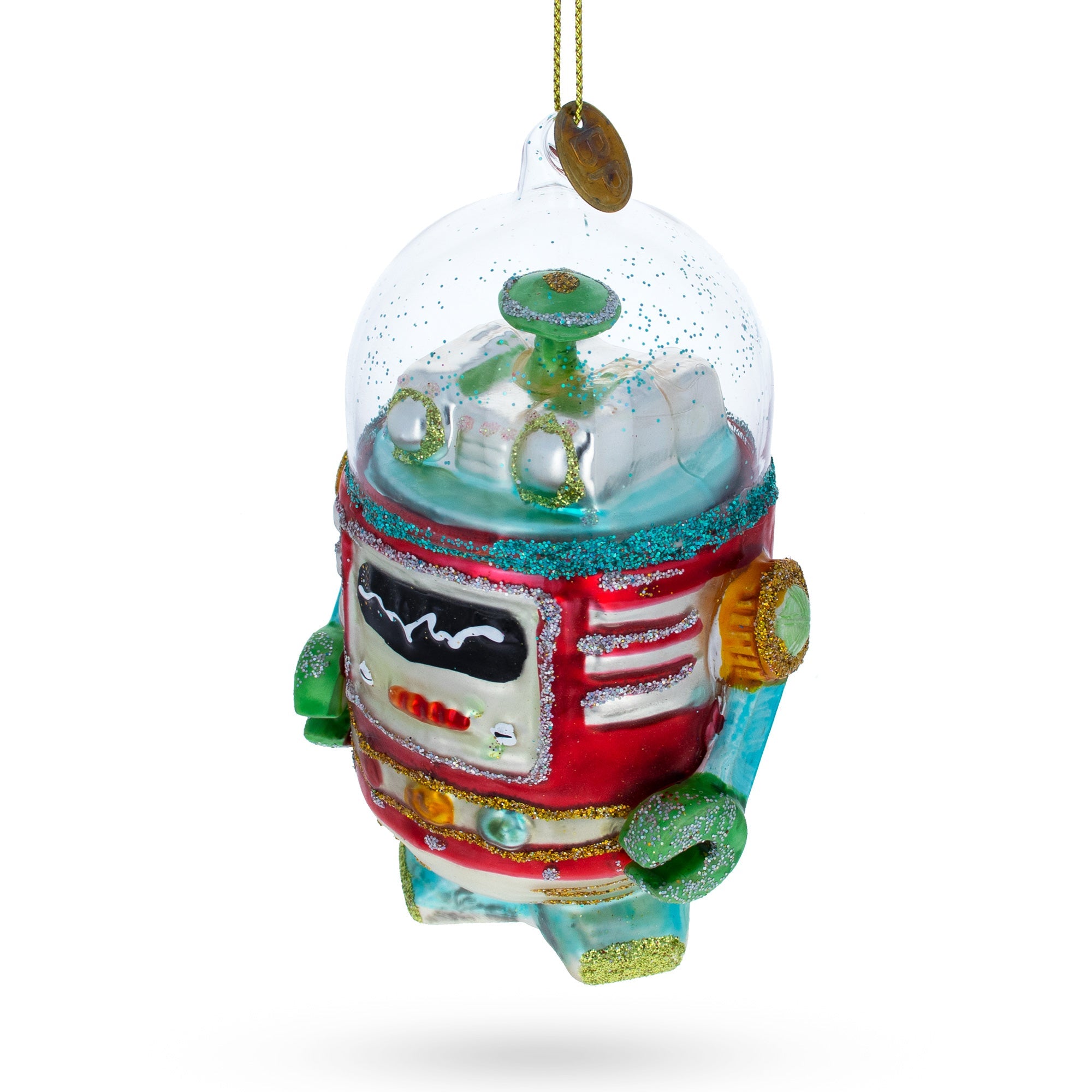 Shimmering Glittered Robot - Blown Glass Christmas Ornament