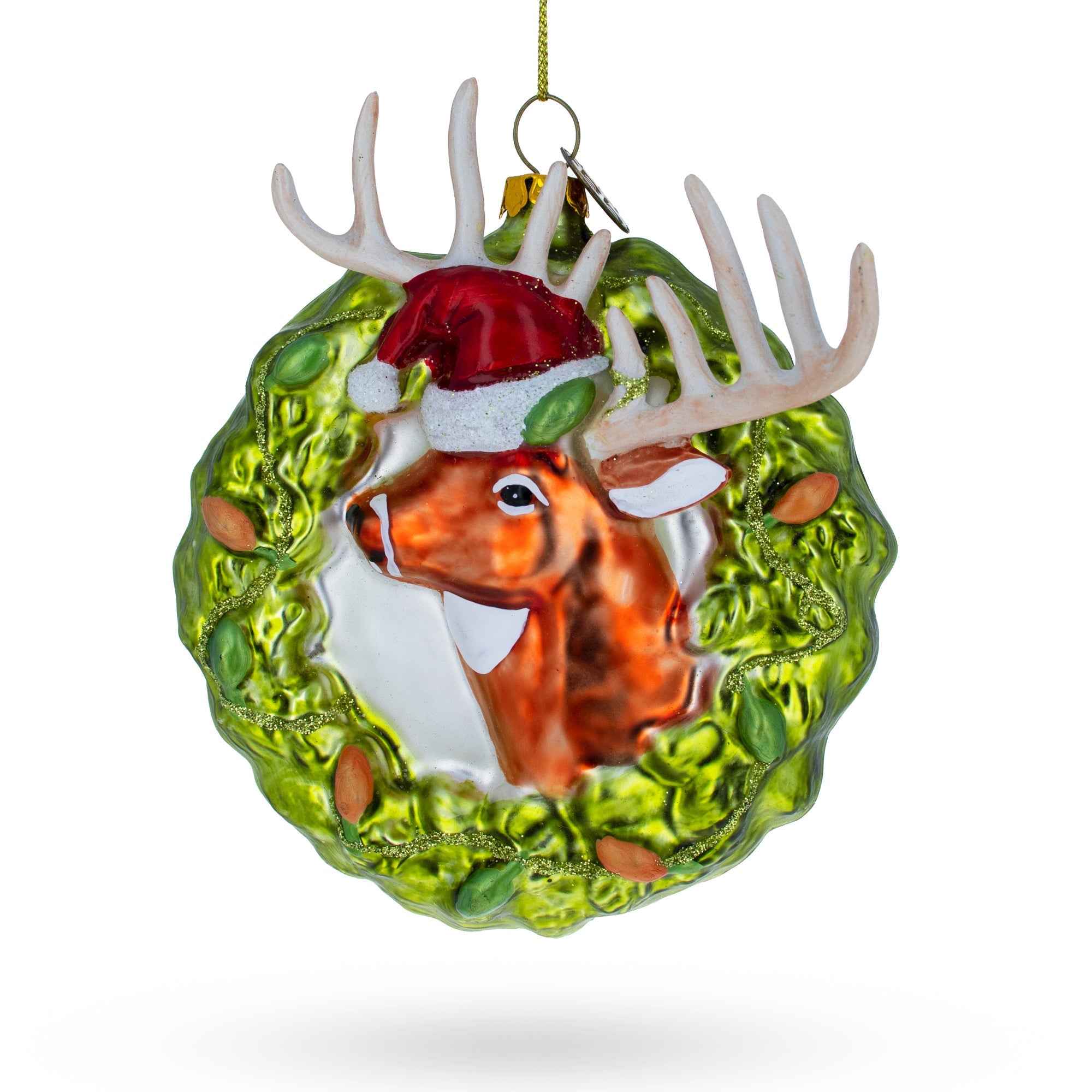 Festive Reindeer Wreath - Blown Glass Christmas Ornament