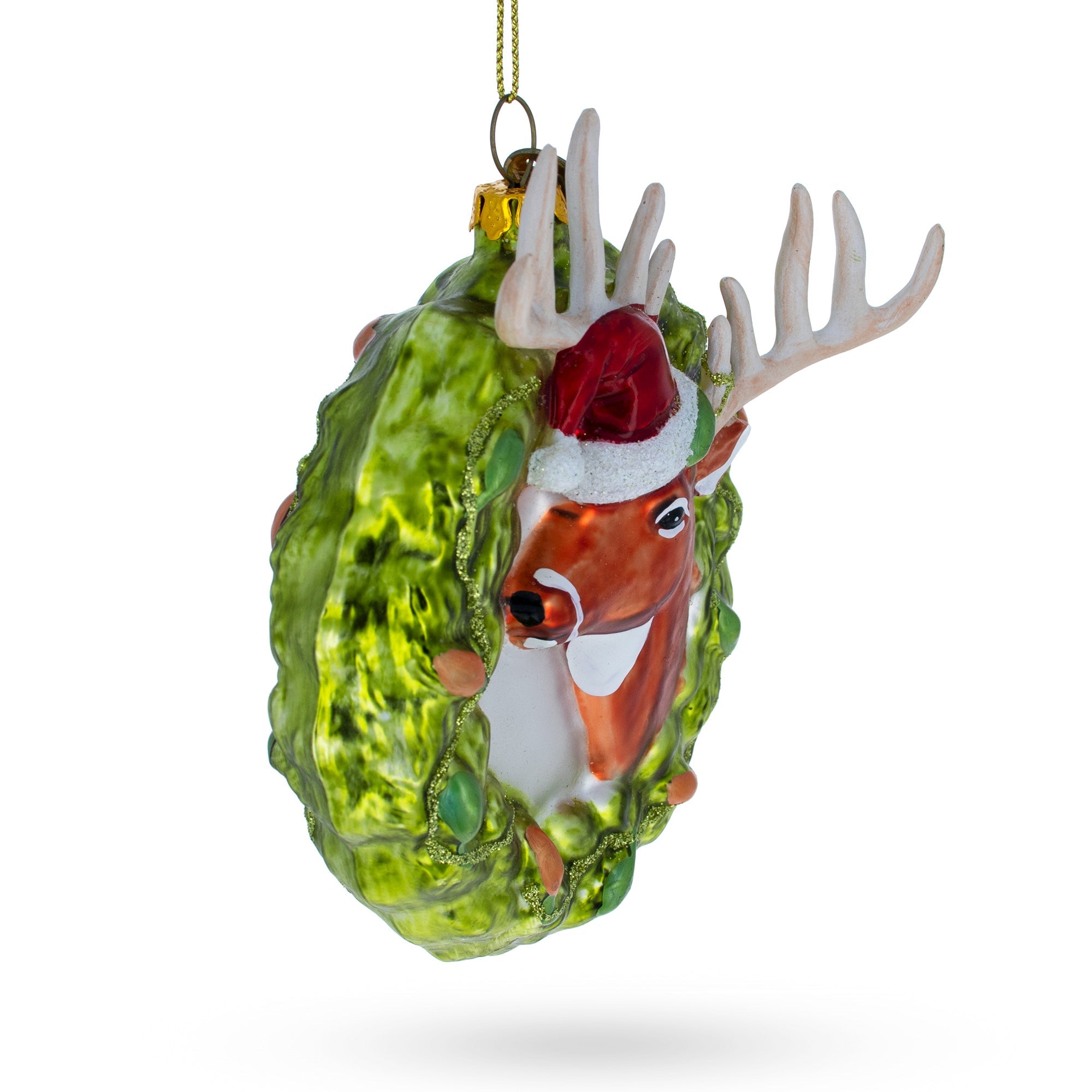 Festive Reindeer Wreath - Blown Glass Christmas Ornament