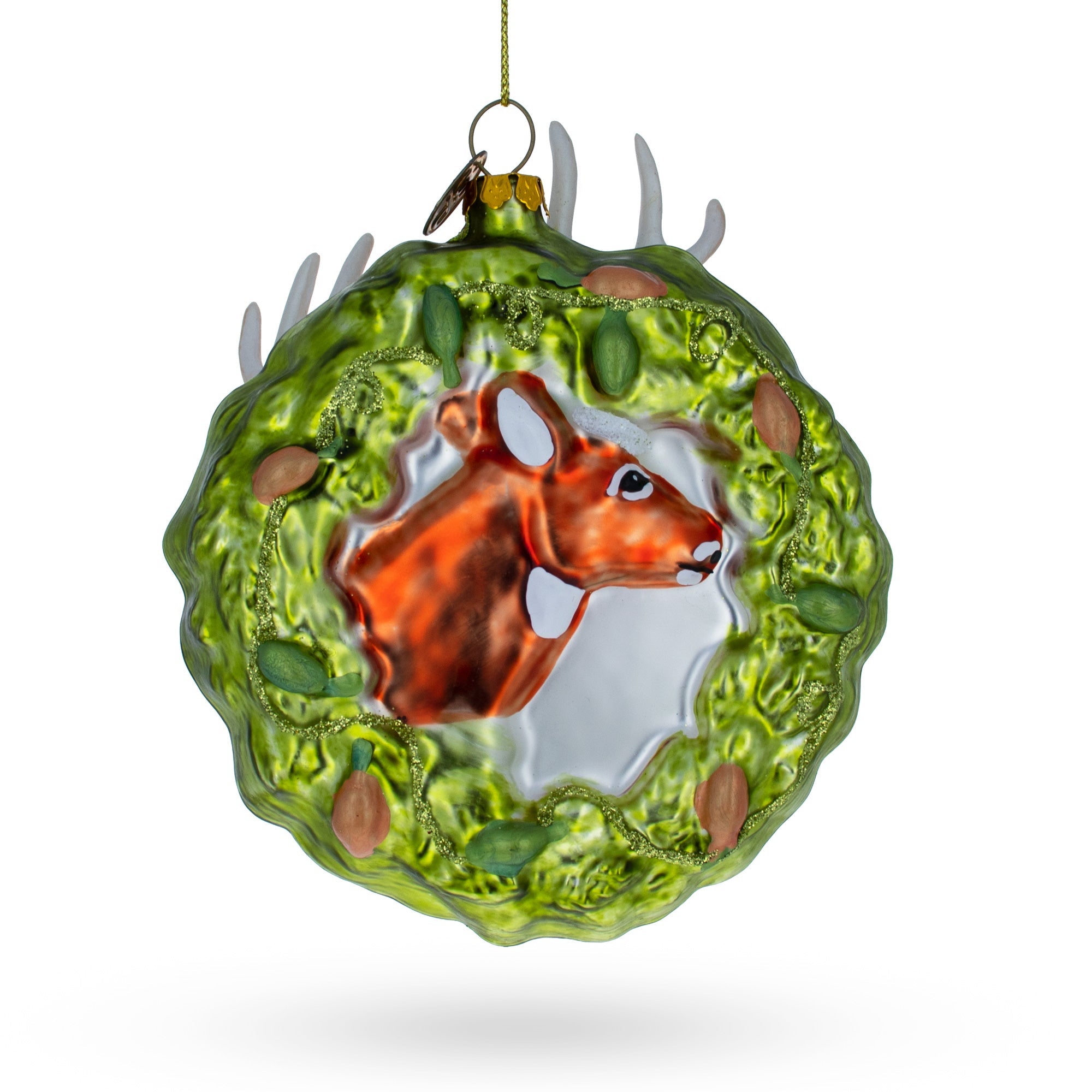 Festive Reindeer Wreath - Blown Glass Christmas Ornament