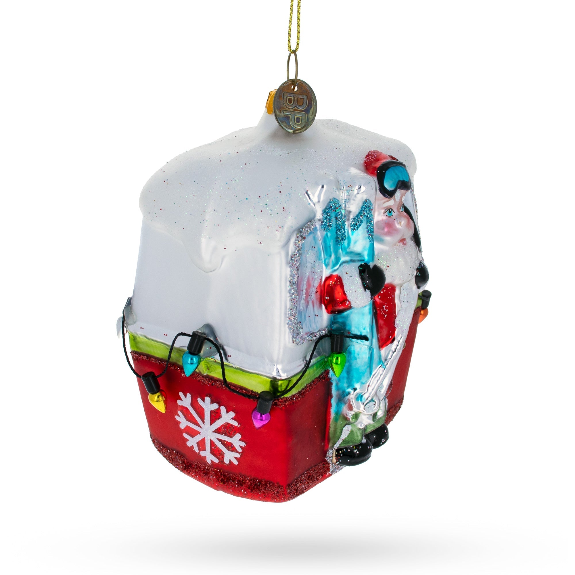 Adventurous Santa On Gondola With Skis - Blown Glass Christmas Ornament