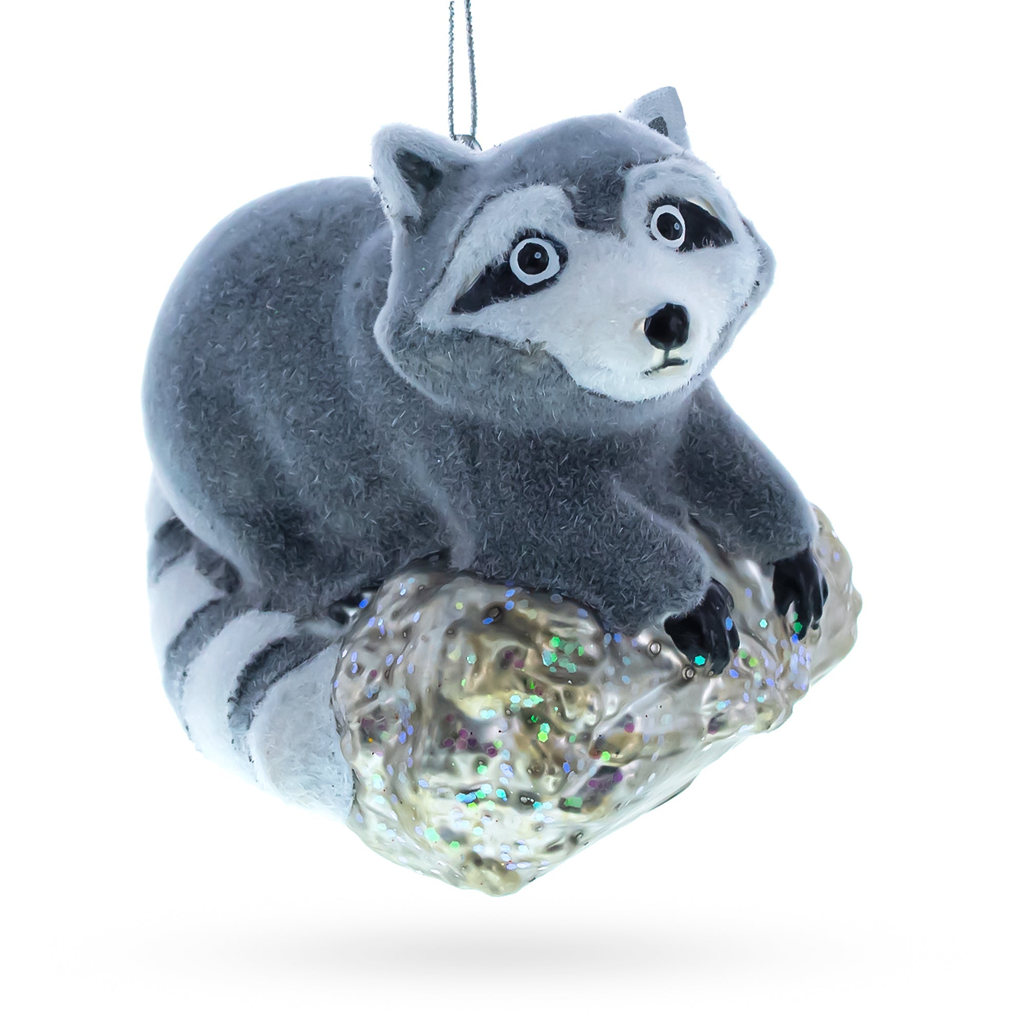 Playful Racoon On A Log - Blown Glass Christmas Ornament