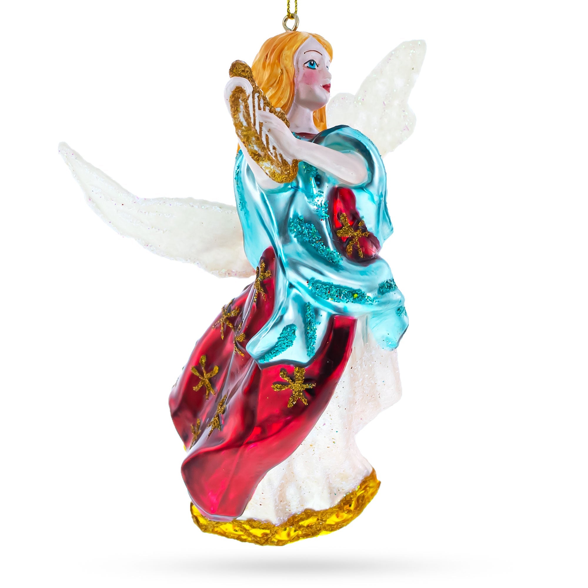 Harmonious Angel Playing Music On Harp - Divine Blown Glass Christmas Ornament