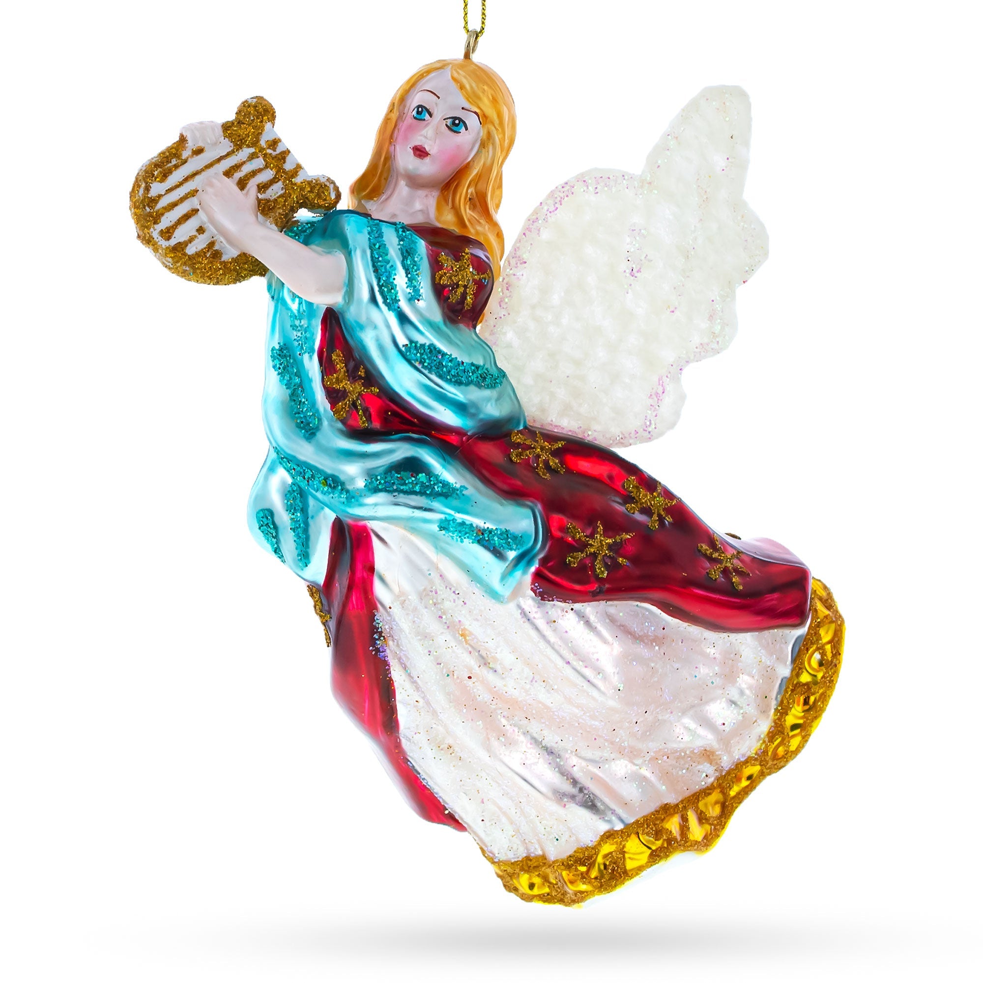 Harmonious Angel Playing Music On Harp - Divine Blown Glass Christmas Ornament