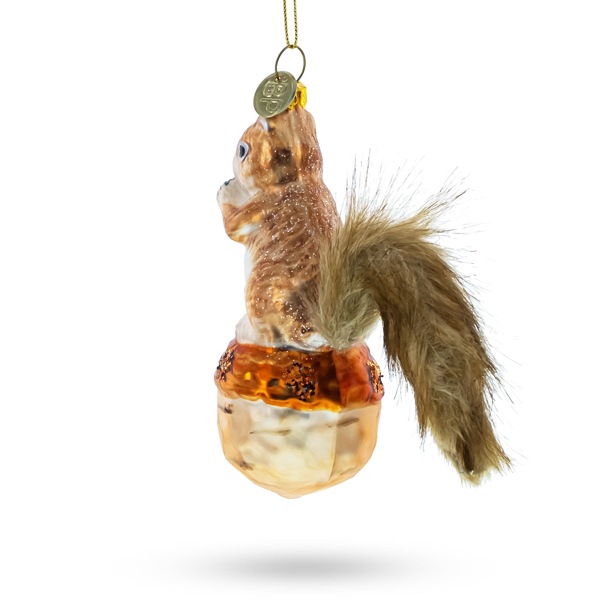 Playful Squirrel On Acorn - Blown Glass Christmas Ornament