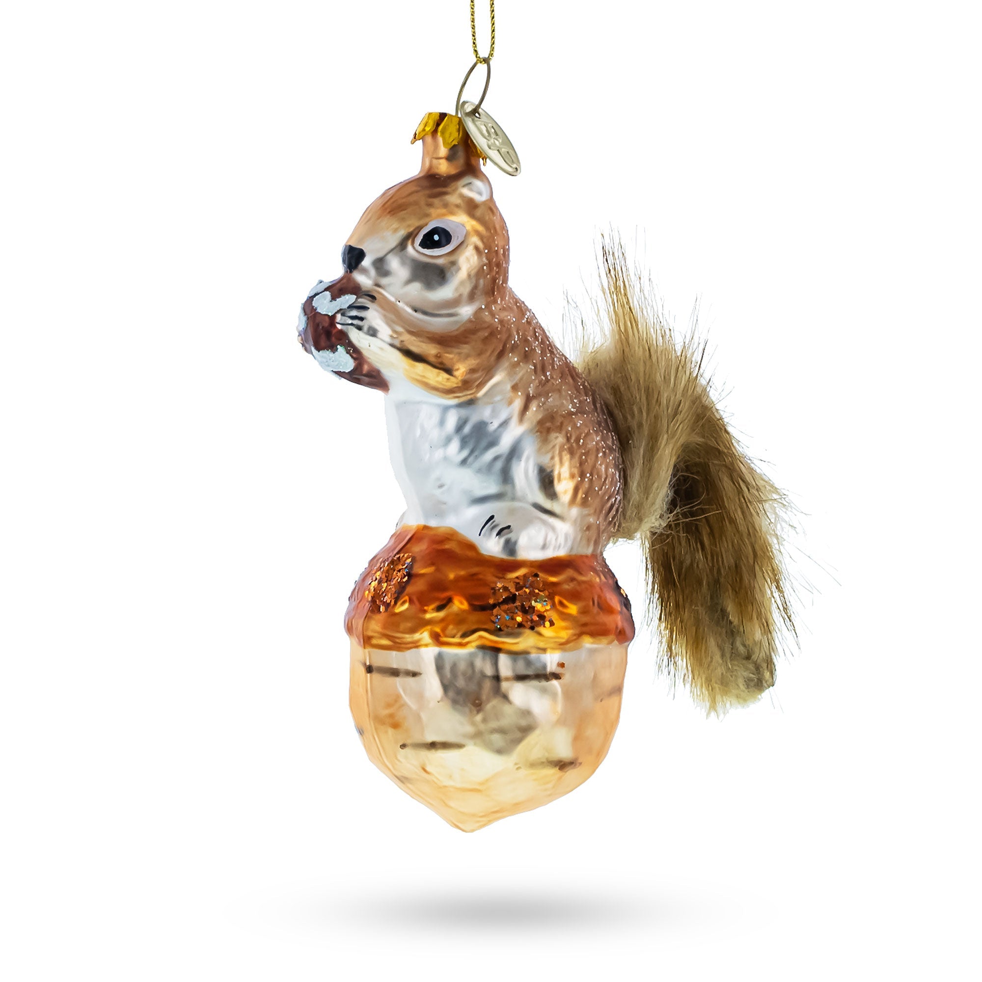 Playful Squirrel On Acorn - Blown Glass Christmas Ornament