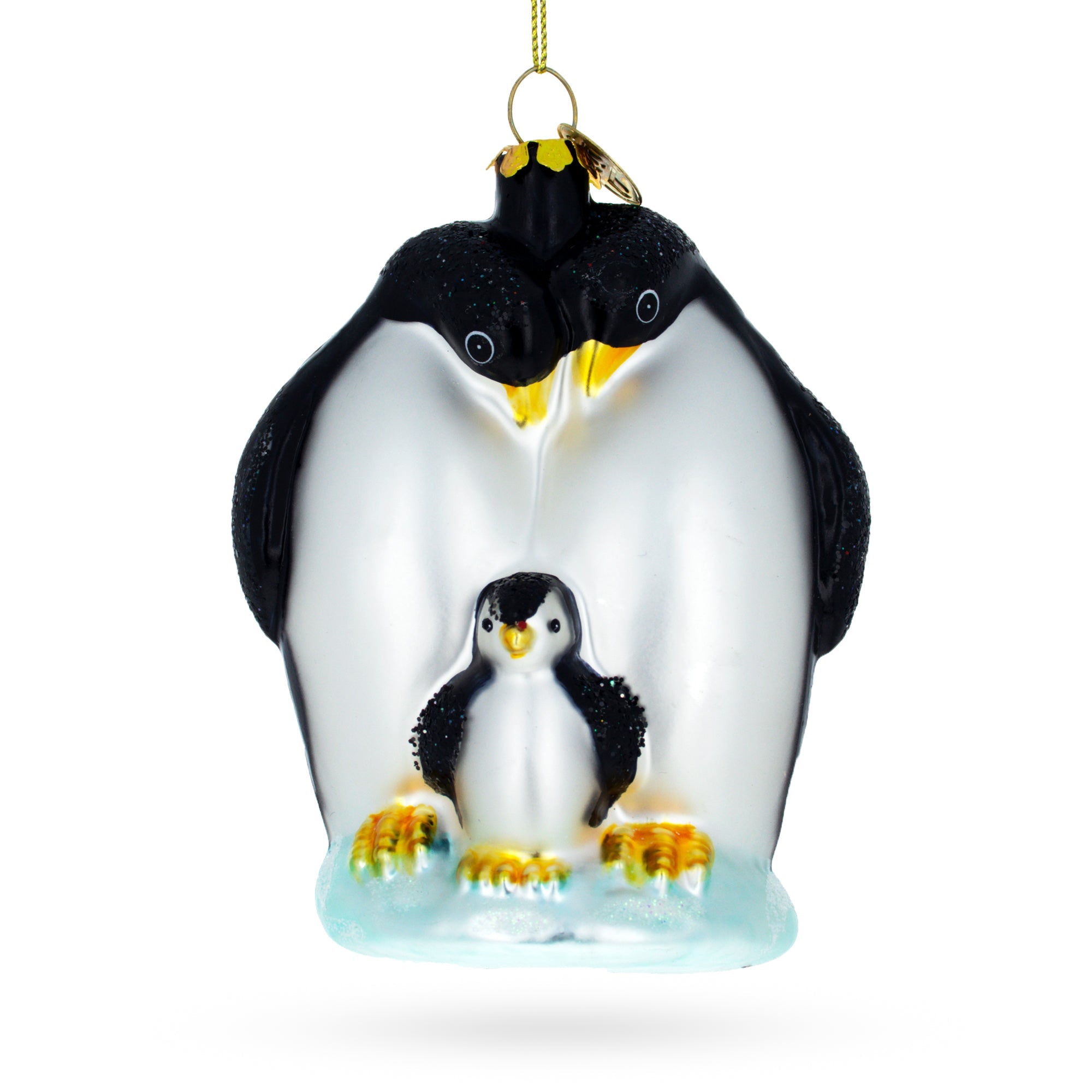 Tender Penguins With Baby Chick - Blown Glass Christmas Ornament