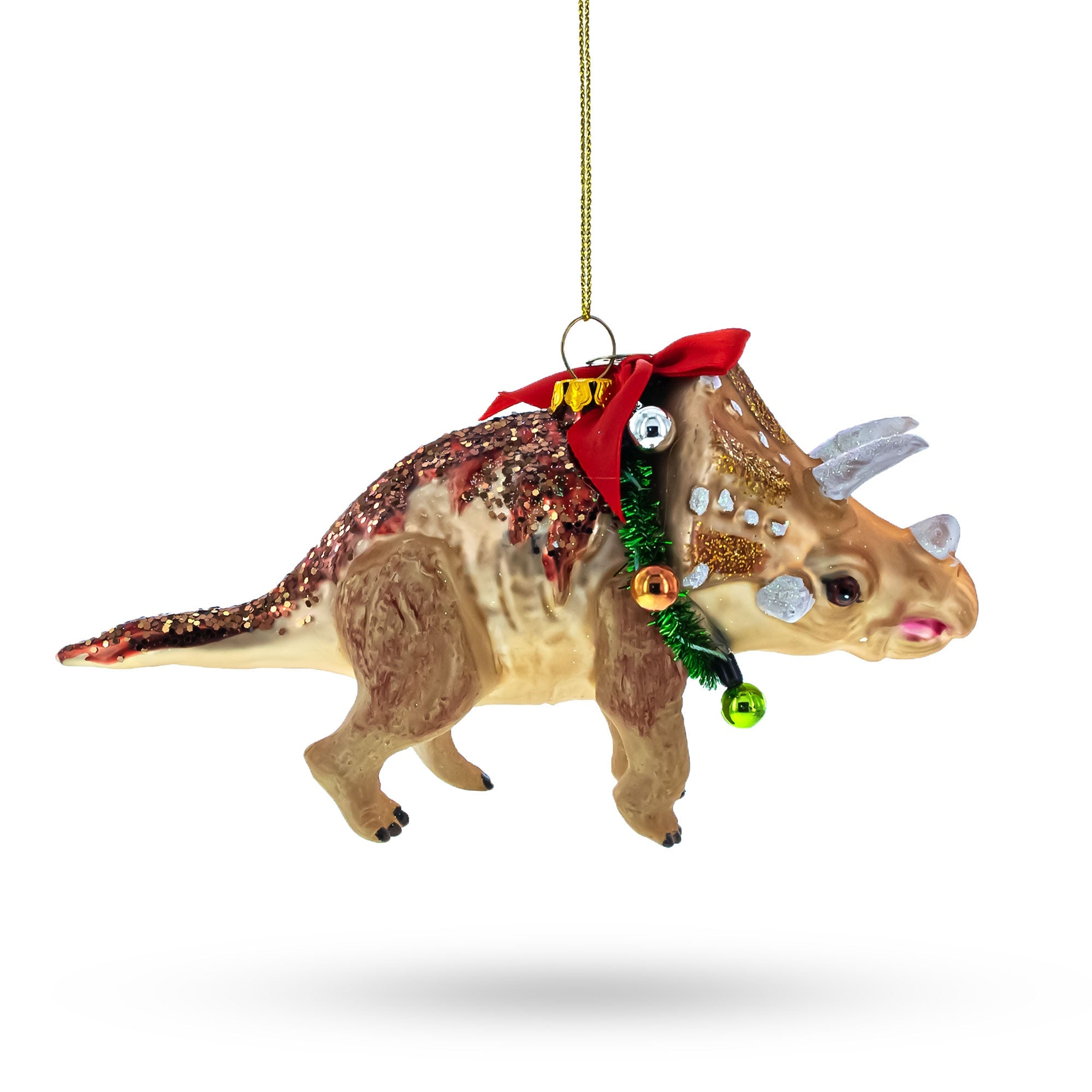 Prehistoric Dinosaur In Wreath - Blown Glass Christmas Ornament