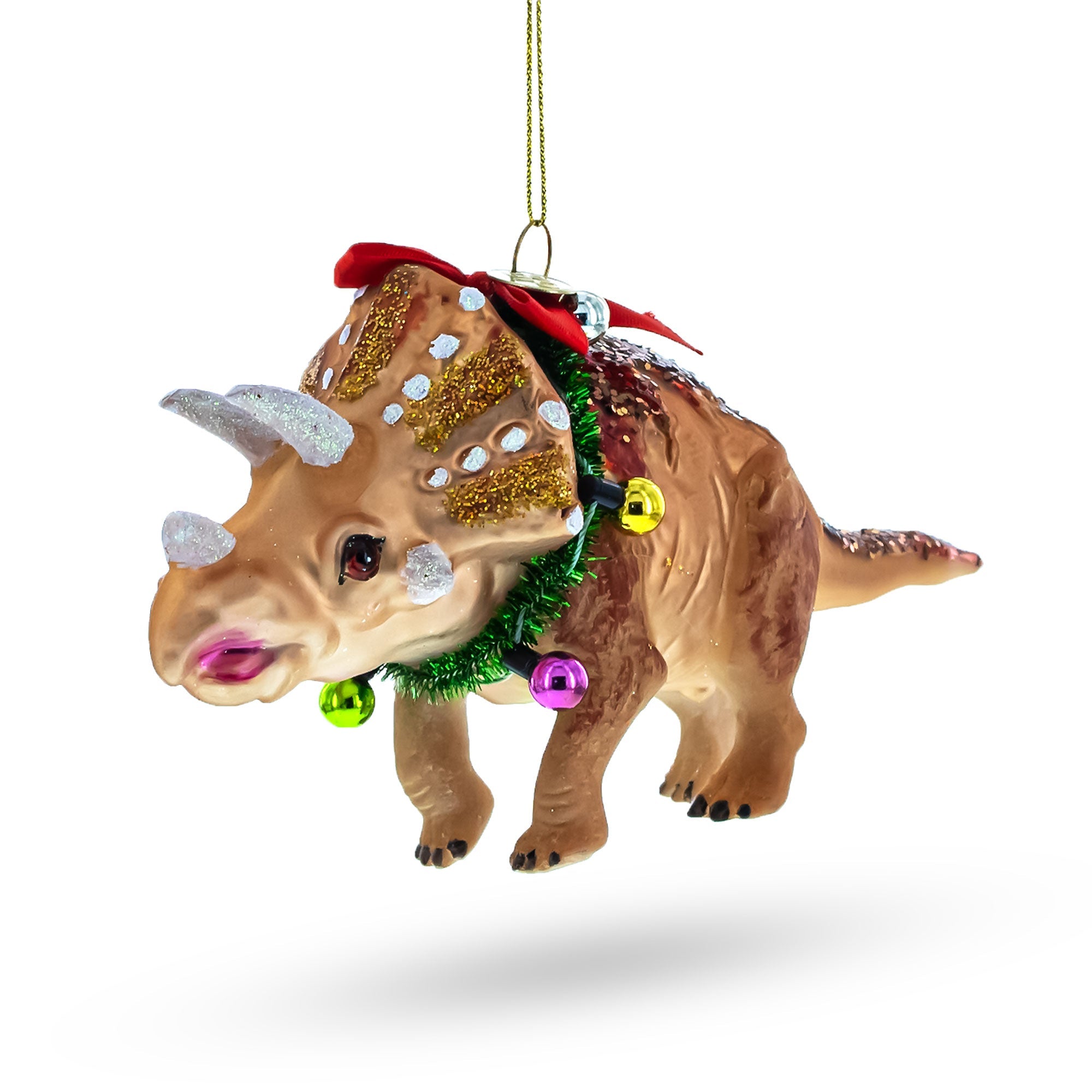 Prehistoric Dinosaur In Wreath - Blown Glass Christmas Ornament