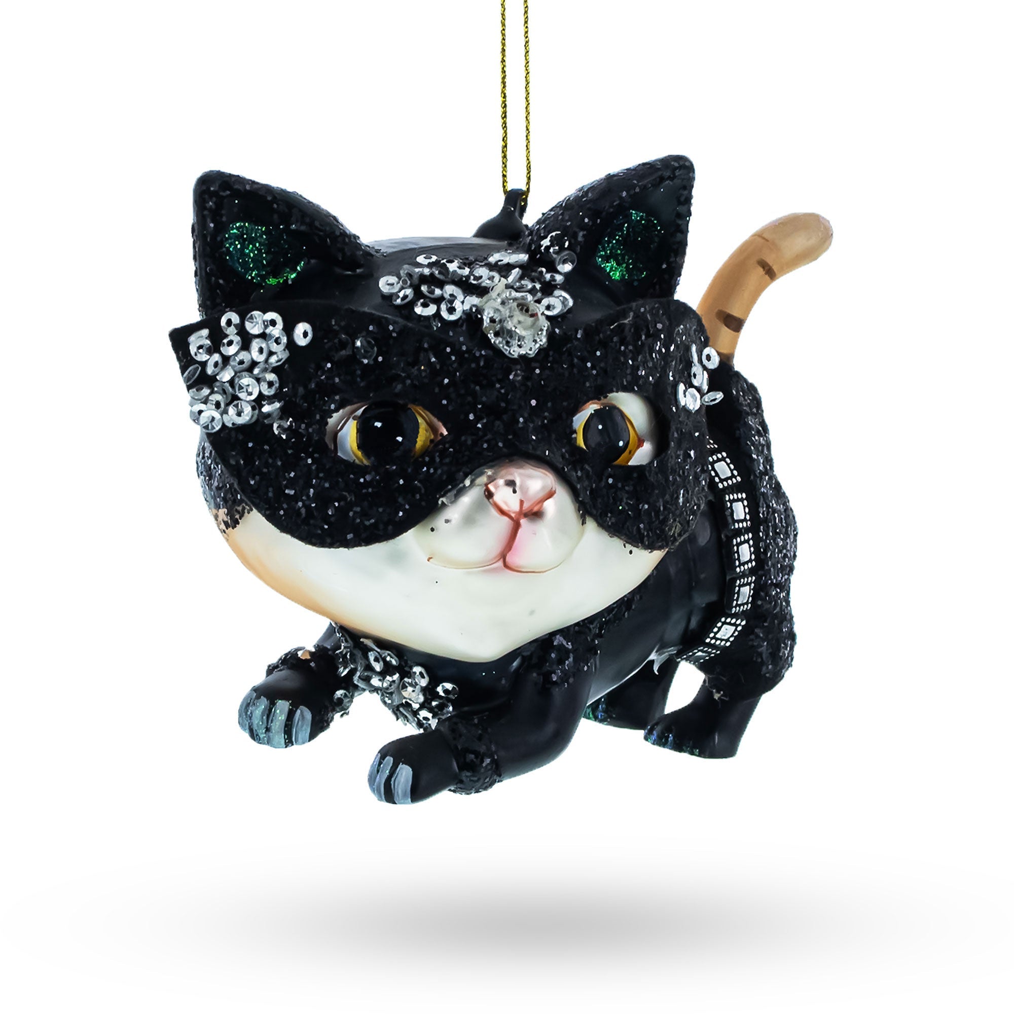 Mysterious Cat In Mask - Blown Glass Christmas Ornament