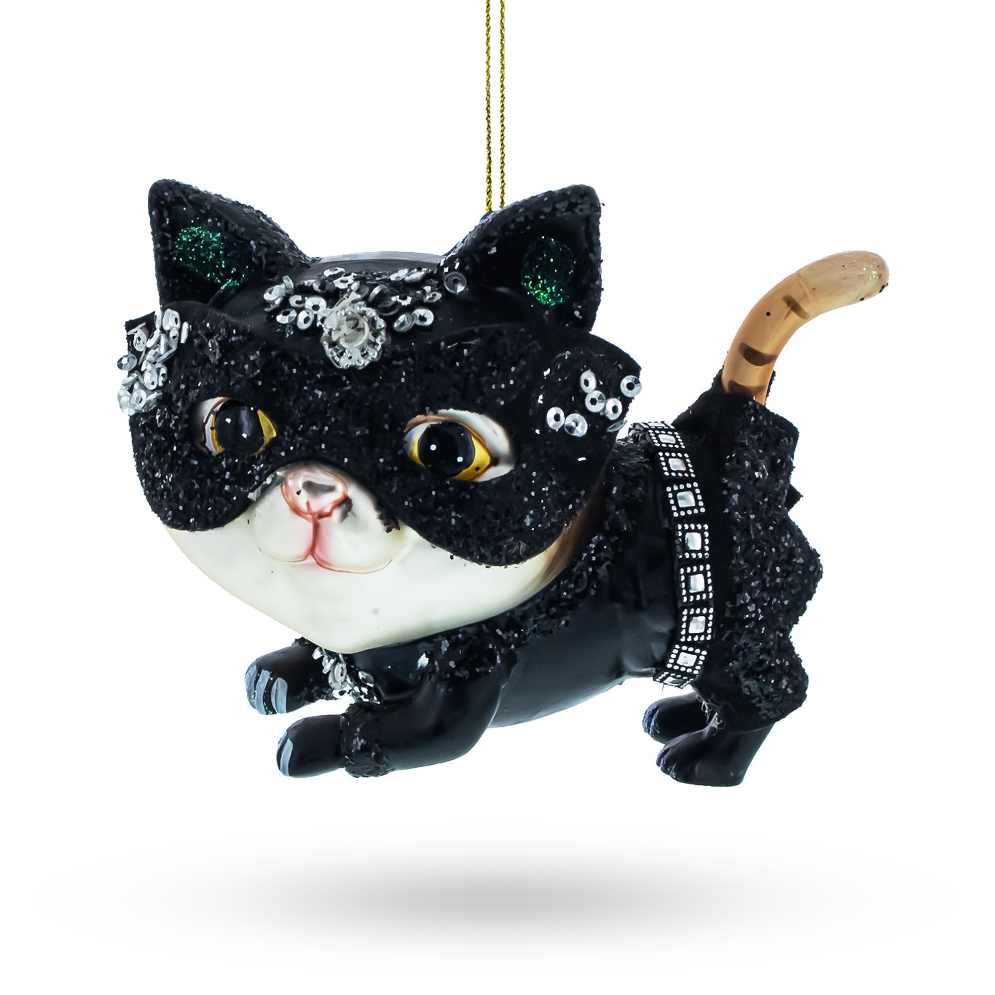 Mysterious Cat In Mask - Blown Glass Christmas Ornament