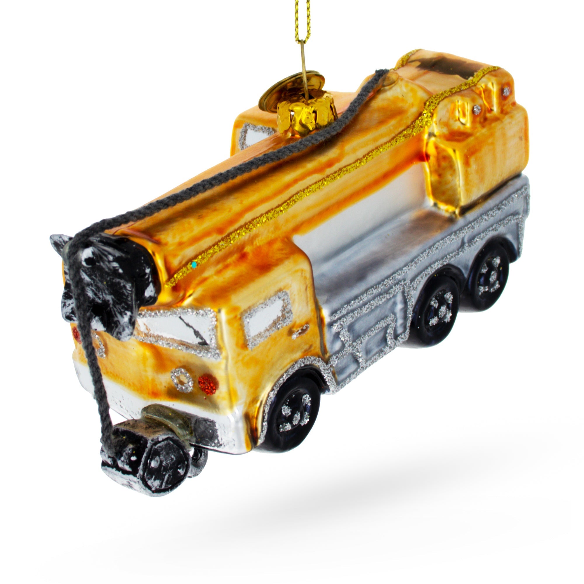 Vibrant Yellow Construction Crane - Blown Glass Christmas Ornament